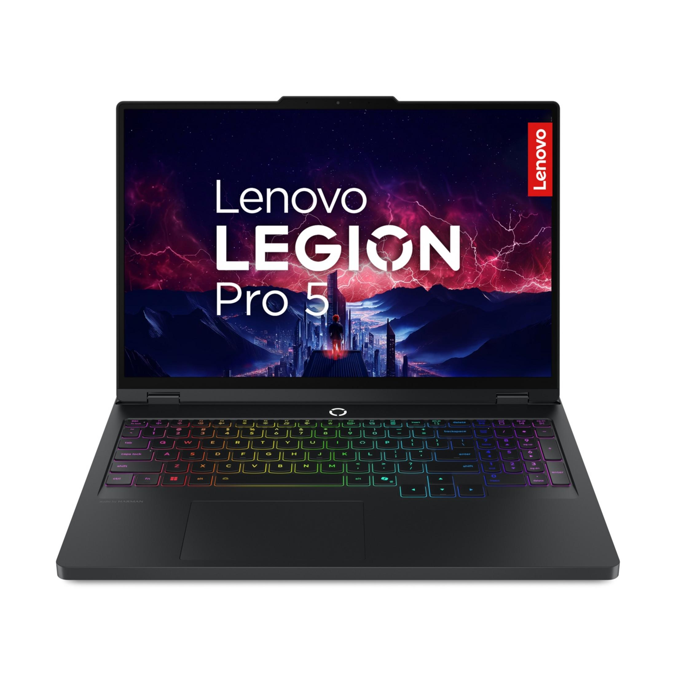 Ein schwarzer Lenovo Legion Pro 5 Gaming-Laptop mit beleuchteter Tastatur und abstraktem Hintergrund.