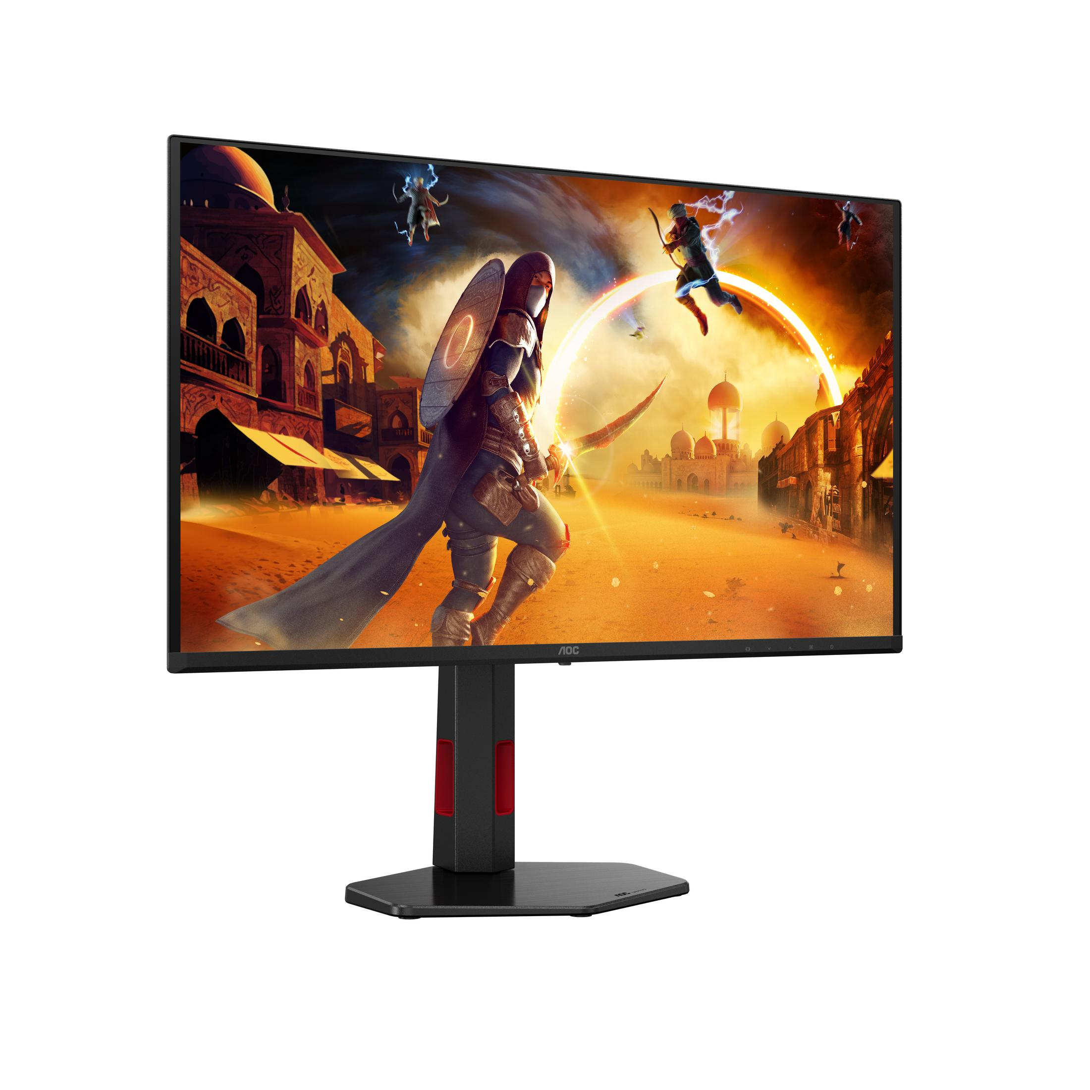 Gaming-Monitor zeigt eine Fantasy-Kampfszene mit Kriegern in einer antiken Wüstenstadt.