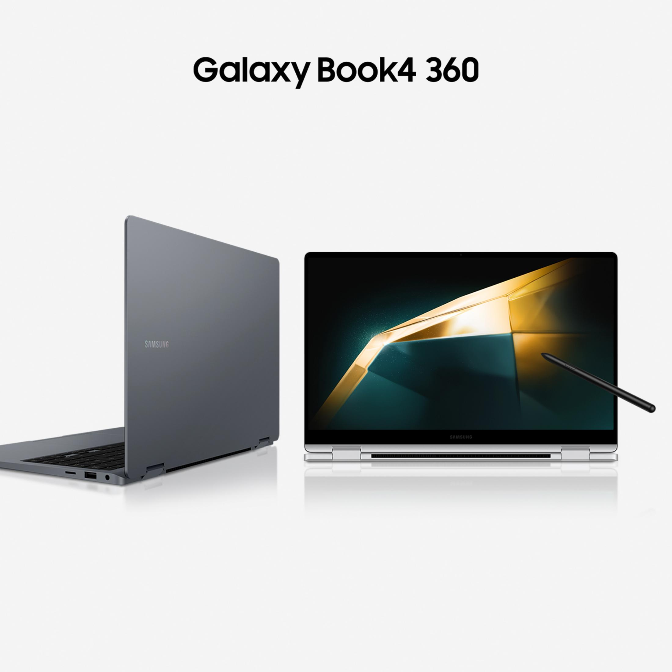 Un portátil Samsung Galaxy Book4 360 plateado con lápiz. Uno muestra la parte trasera, el otro la delantera.