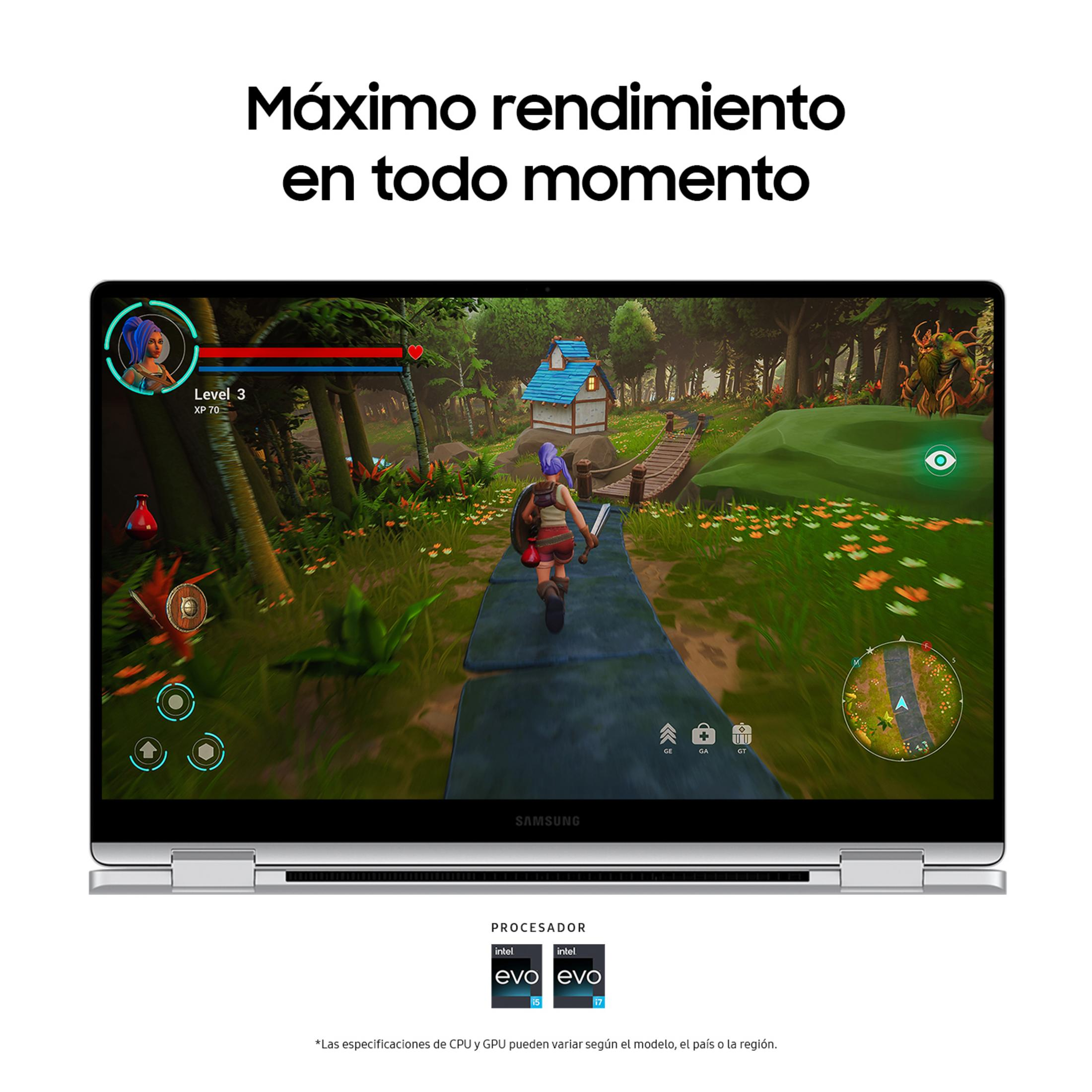 Un portátil muestra un videojuego con un personaje corriendo por un paisaje boscoso.