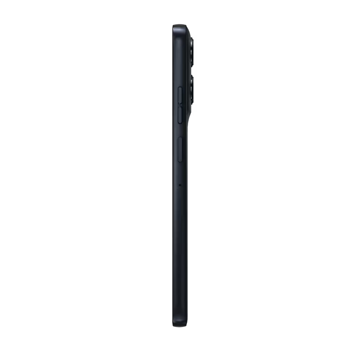 Dunkelgraues Smartphone im Profil mit sichtbaren Tasten und Kameralinsen.