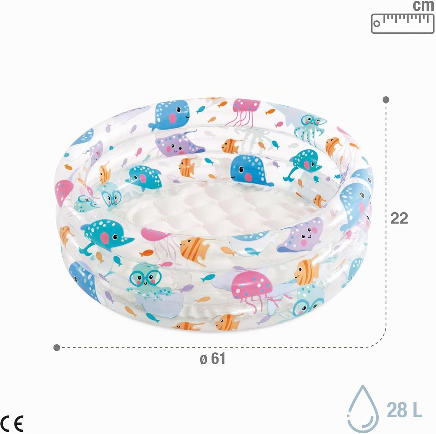 Piscina inflable con criaturas marinas, 61cm diámetro, 22cm altura, capacidad 28L.