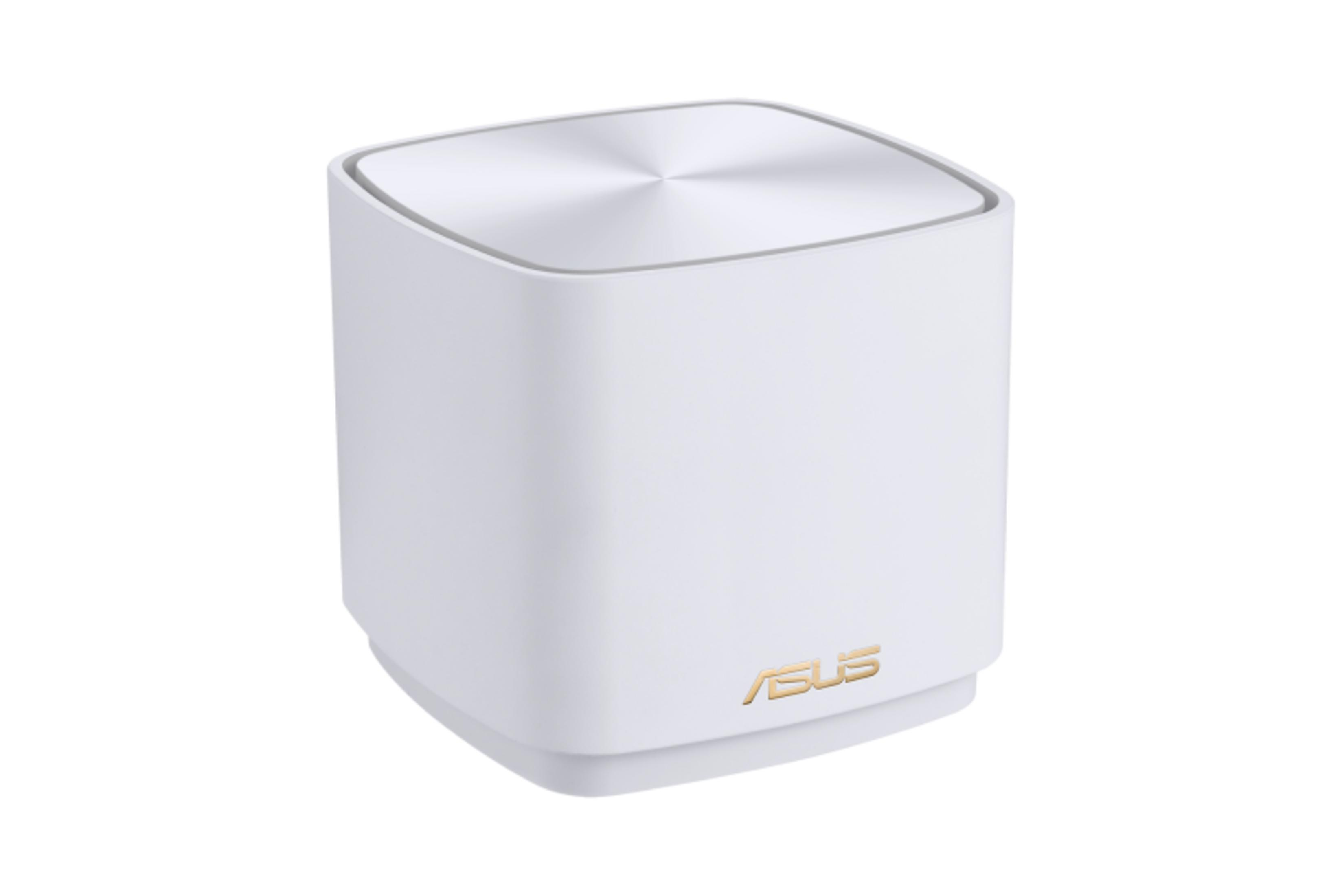 Un router ASUS bianco con coperchio argentato su sfondo bianco.