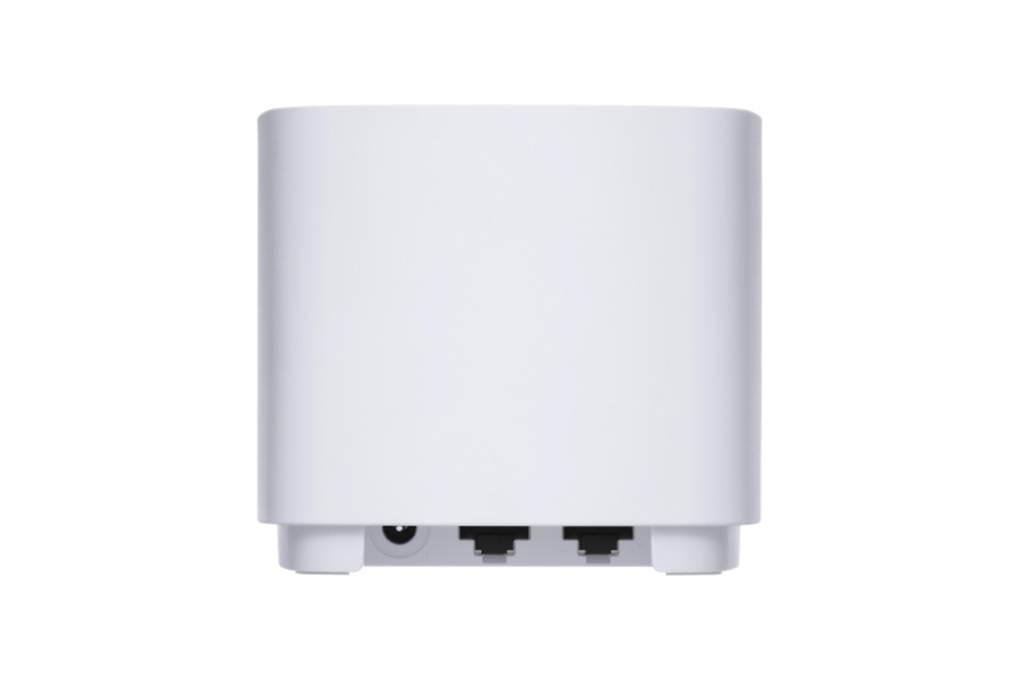 Un router bianco con due porte Ethernet e una porta di alimentazione.