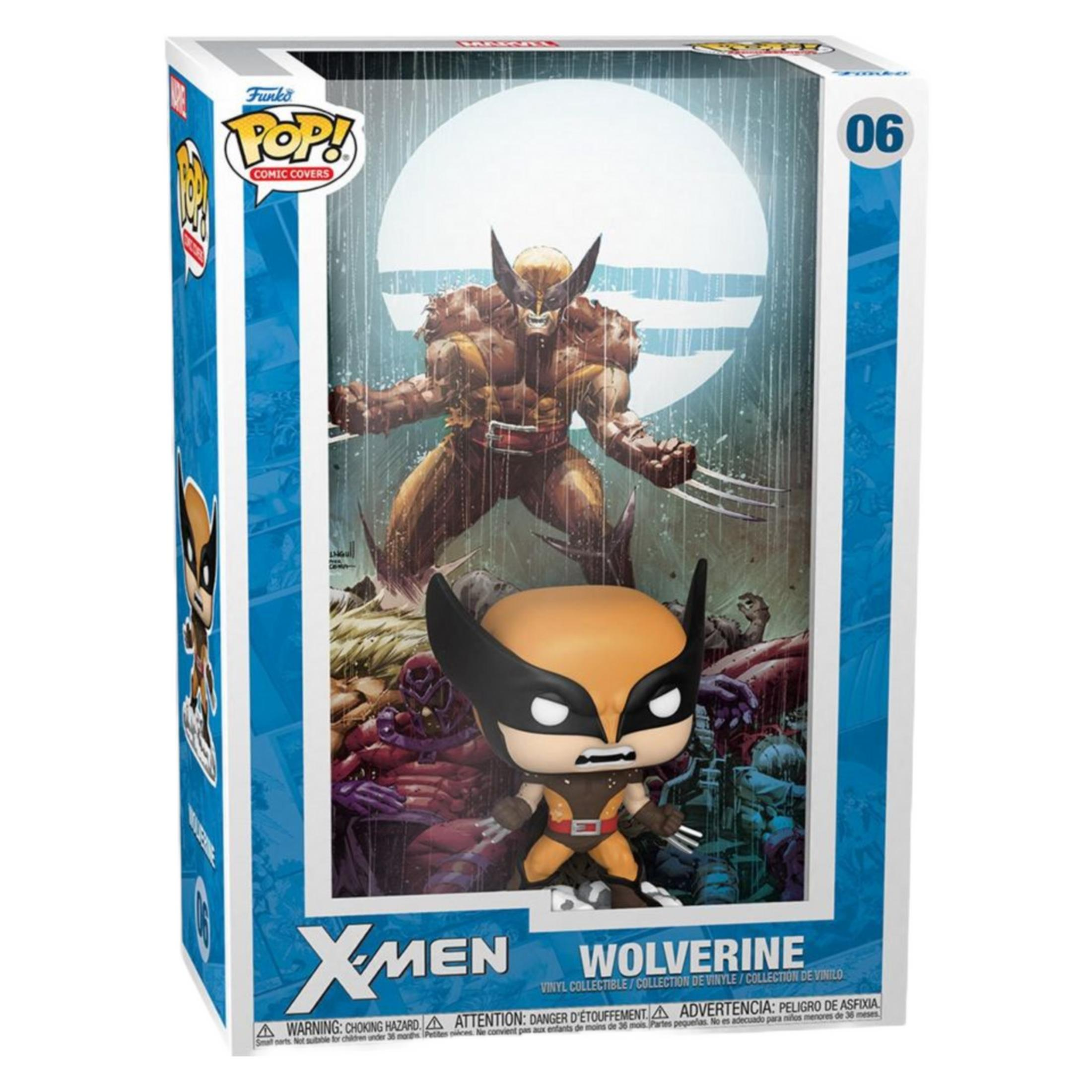 Figura Funko Pop! Wolverine Copertina Fumetti in scatola con pioggia e sfondo artistico.