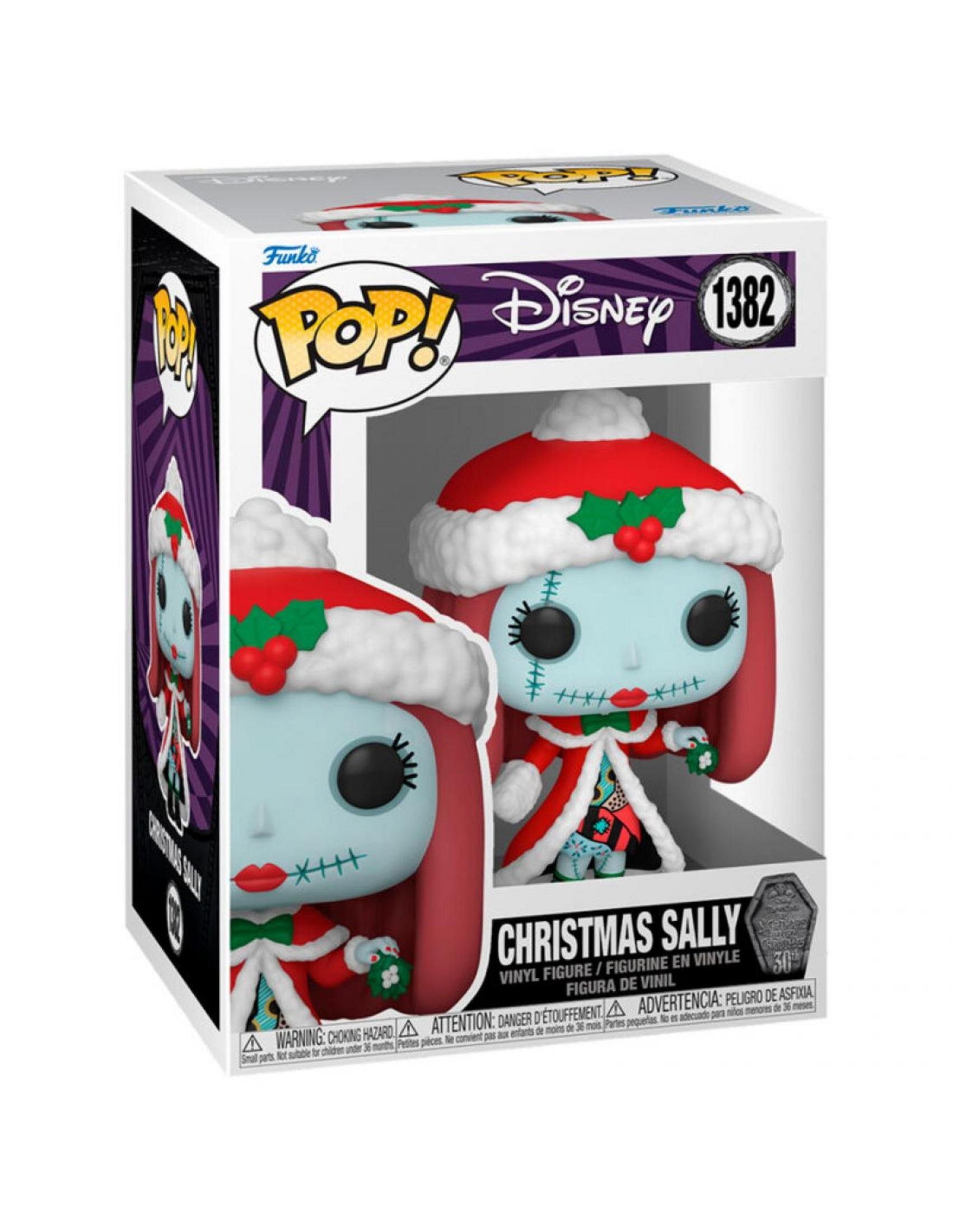 Funko Pop!-Figur von Sally aus Nightmare Before Christmas mit Weihnachtsmütze.