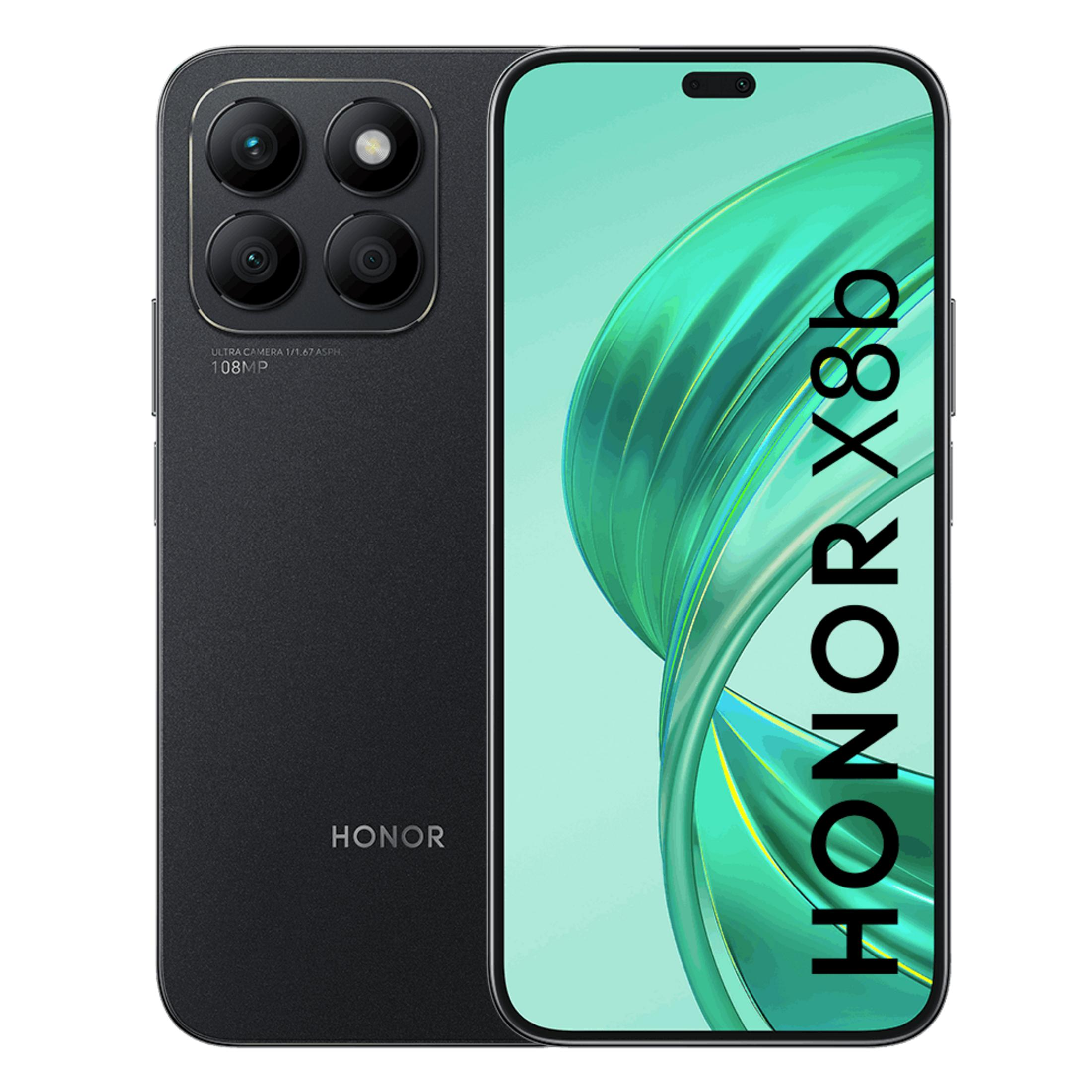 Smartphone nero Honor X8b con quadrupla fotocamera e display ondulato verde.