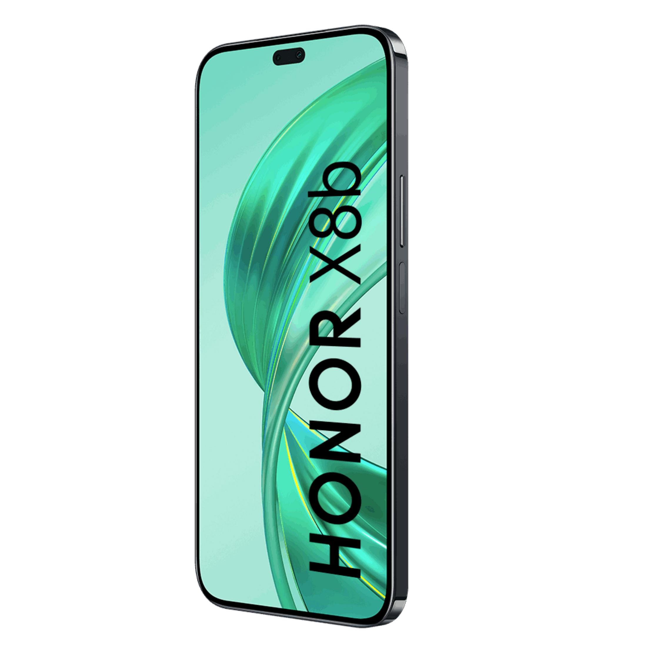 Uno smartphone con testo HONOR X8b su sfondo turchese.