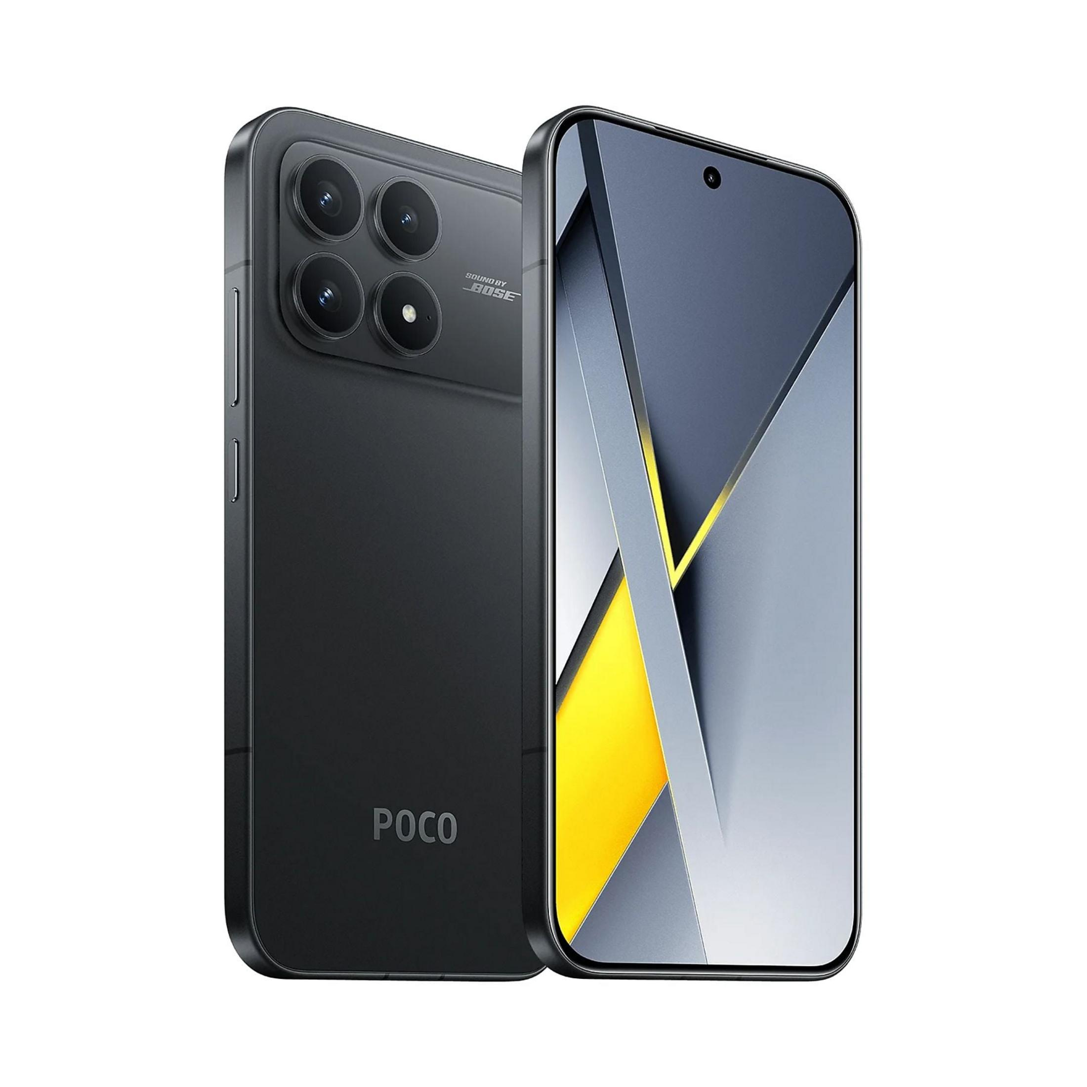 Ein schwarzes Smartphone mit vier Kameras und dem POCO-Logo, auf weißem Hintergrund.