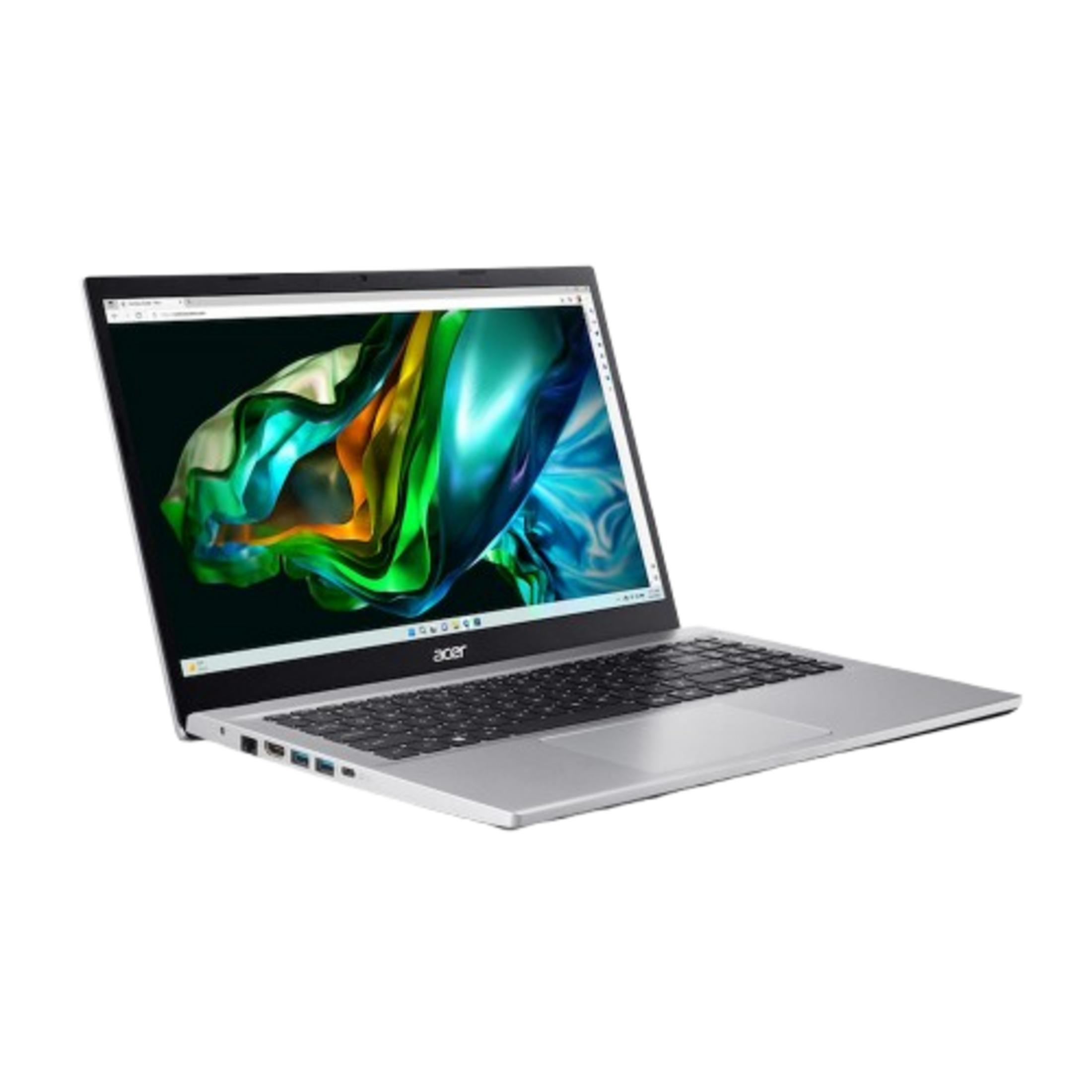 Un portátil Acer plateado con un fondo de pantalla colorido en su pantalla.