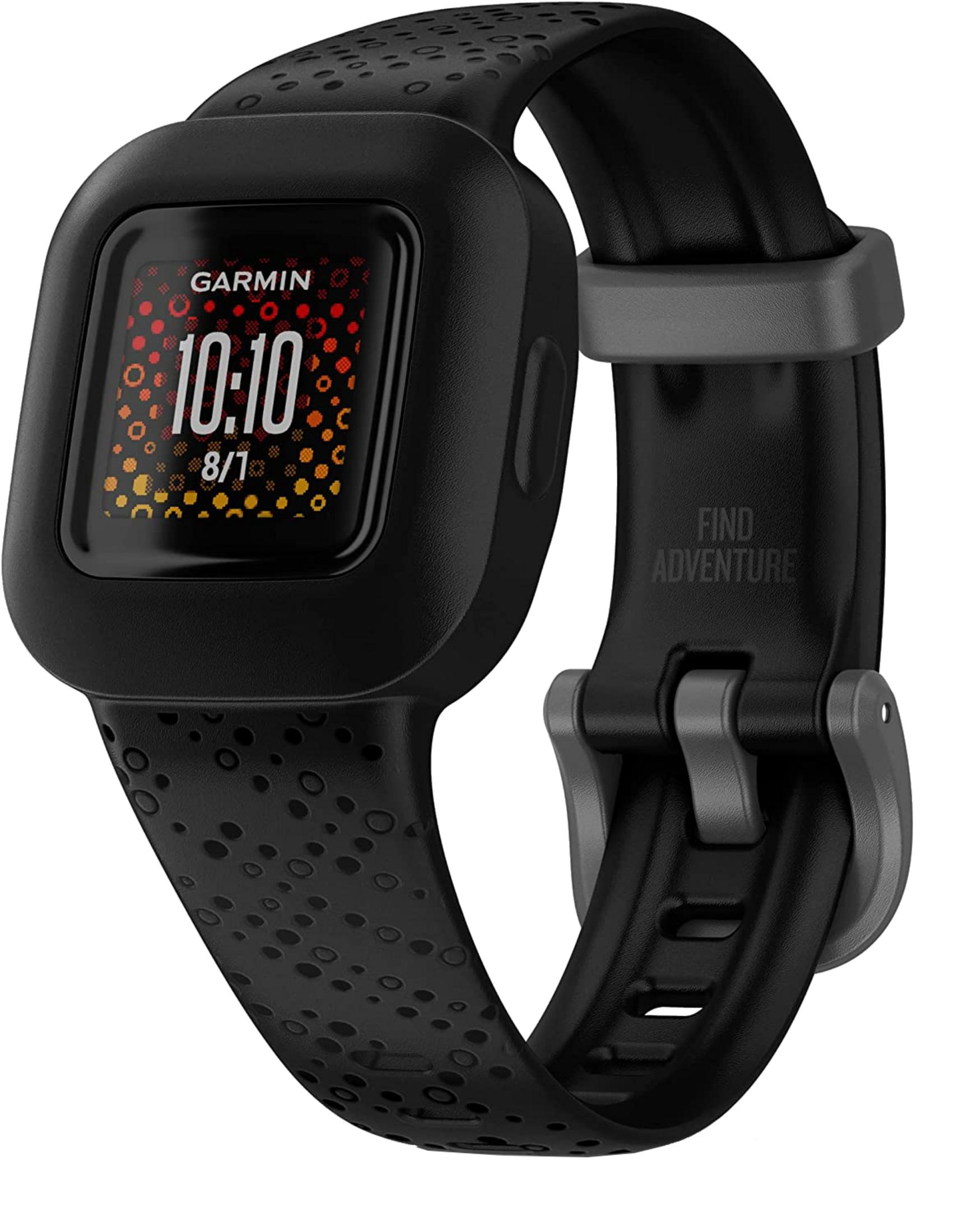 Smartwatch Garmin nero con display digitale e cinturino a pois.
