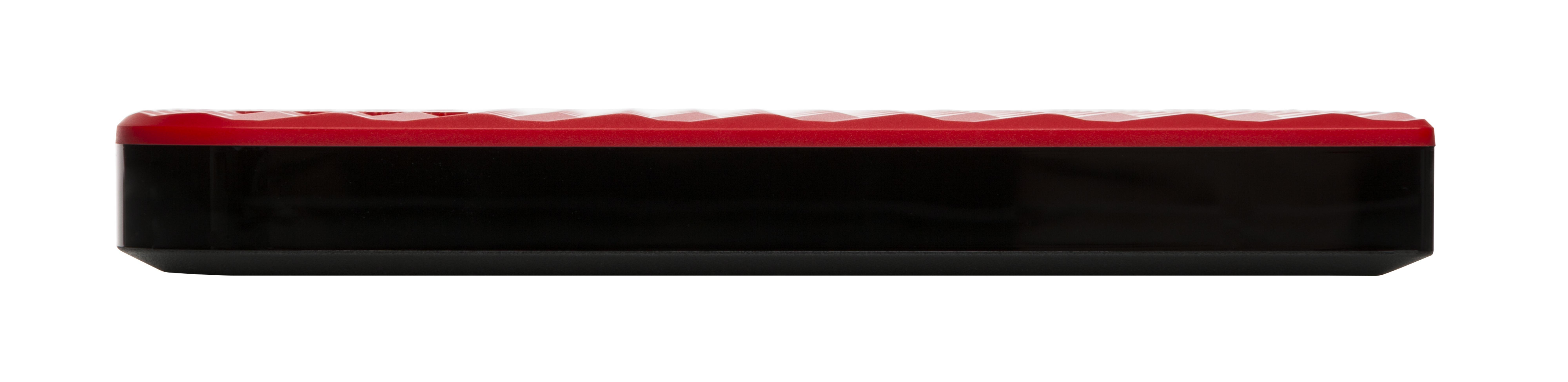 Un dispositivo nero con bordo rosso seghettato, mostrato di profilo.