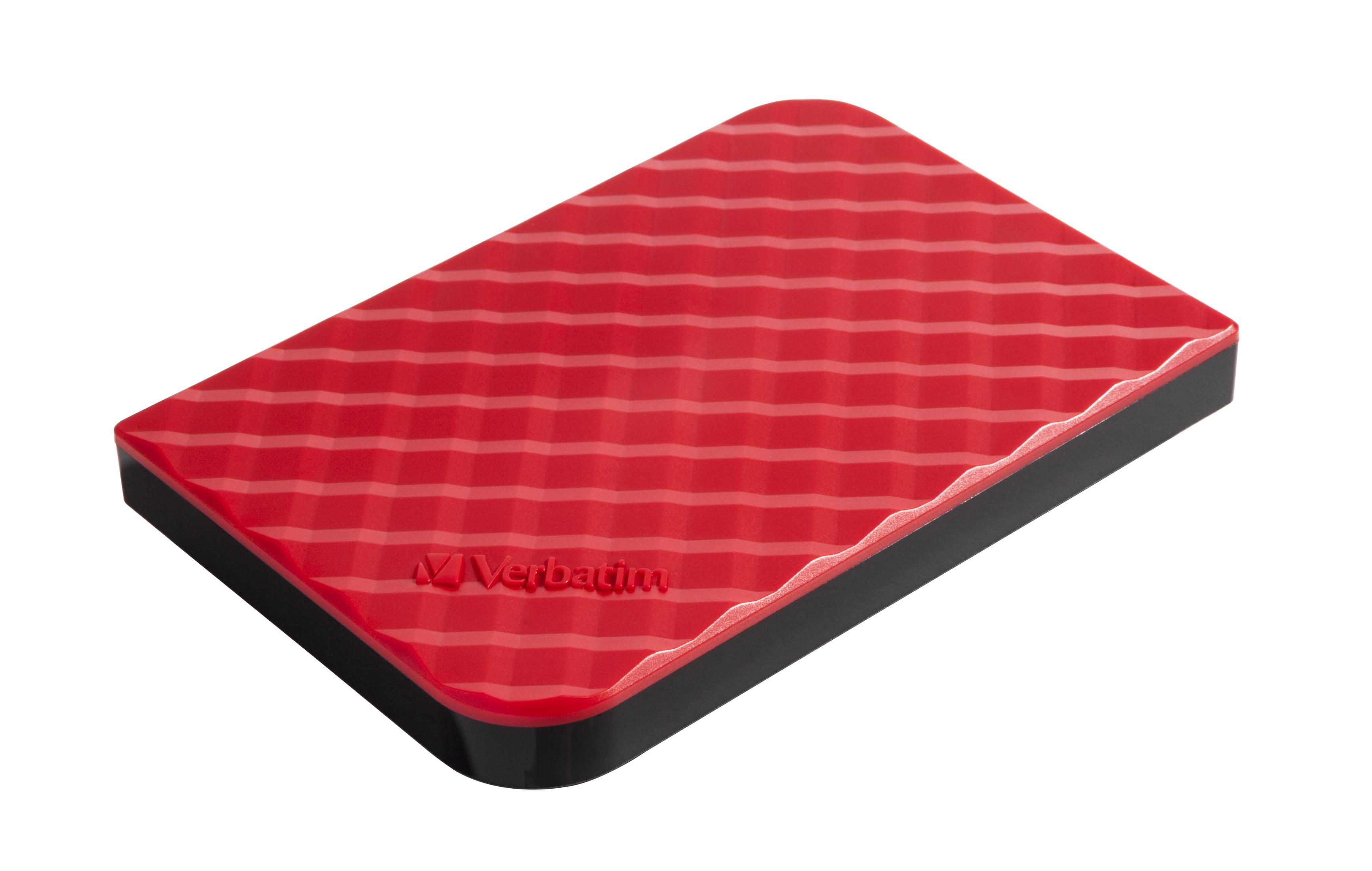Un case per hard disk esterno rosso con motivo a coste e logo Verbatim.