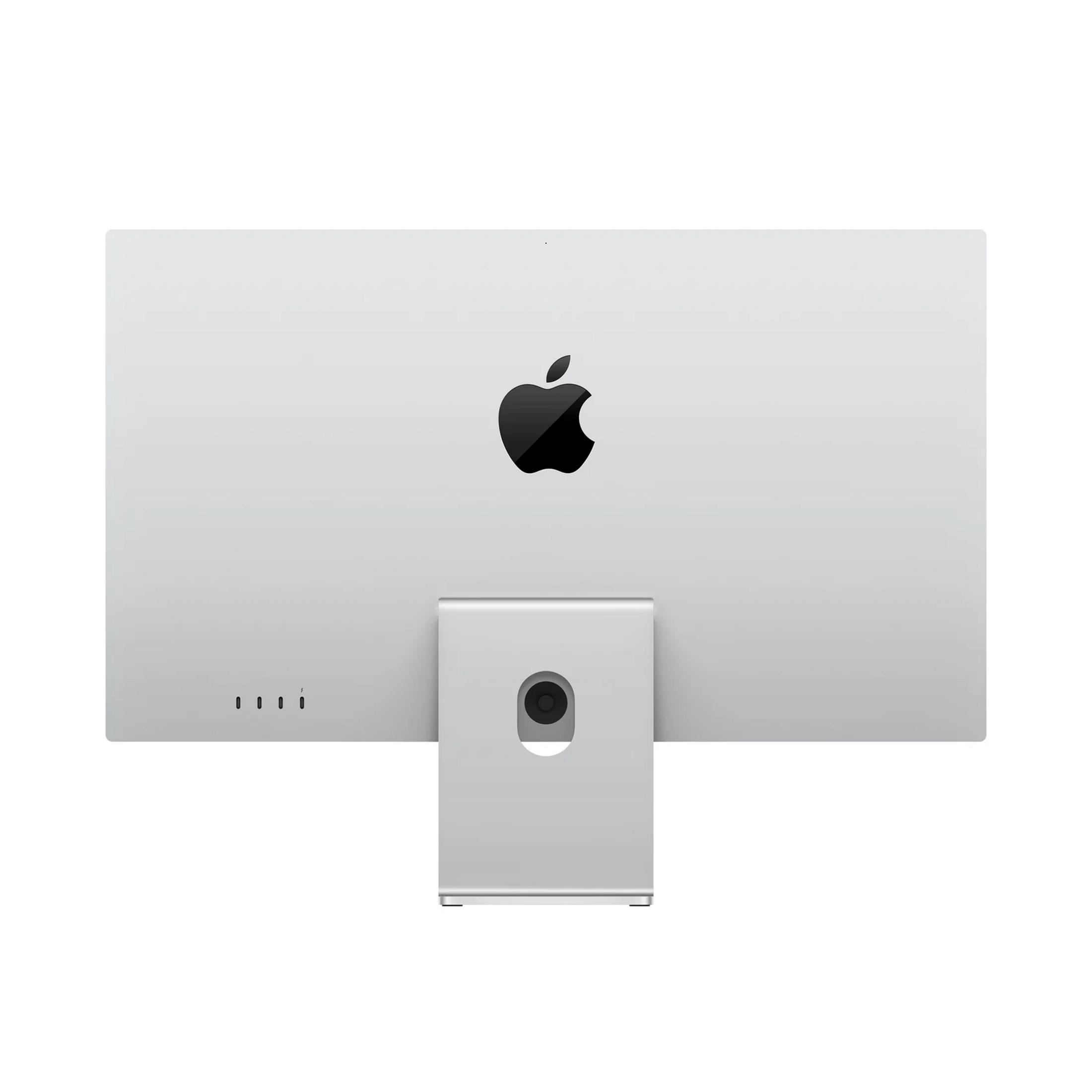 Retro di un iMac argentato con logo Apple e supporto.
