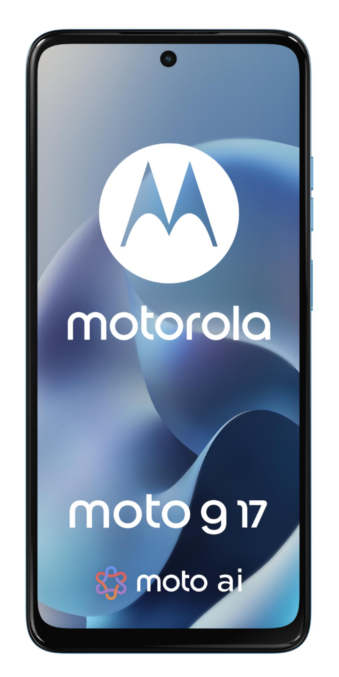 Ein Motorola Moto G17 Smartphone mit dem Motorola Logo und Moto AI.