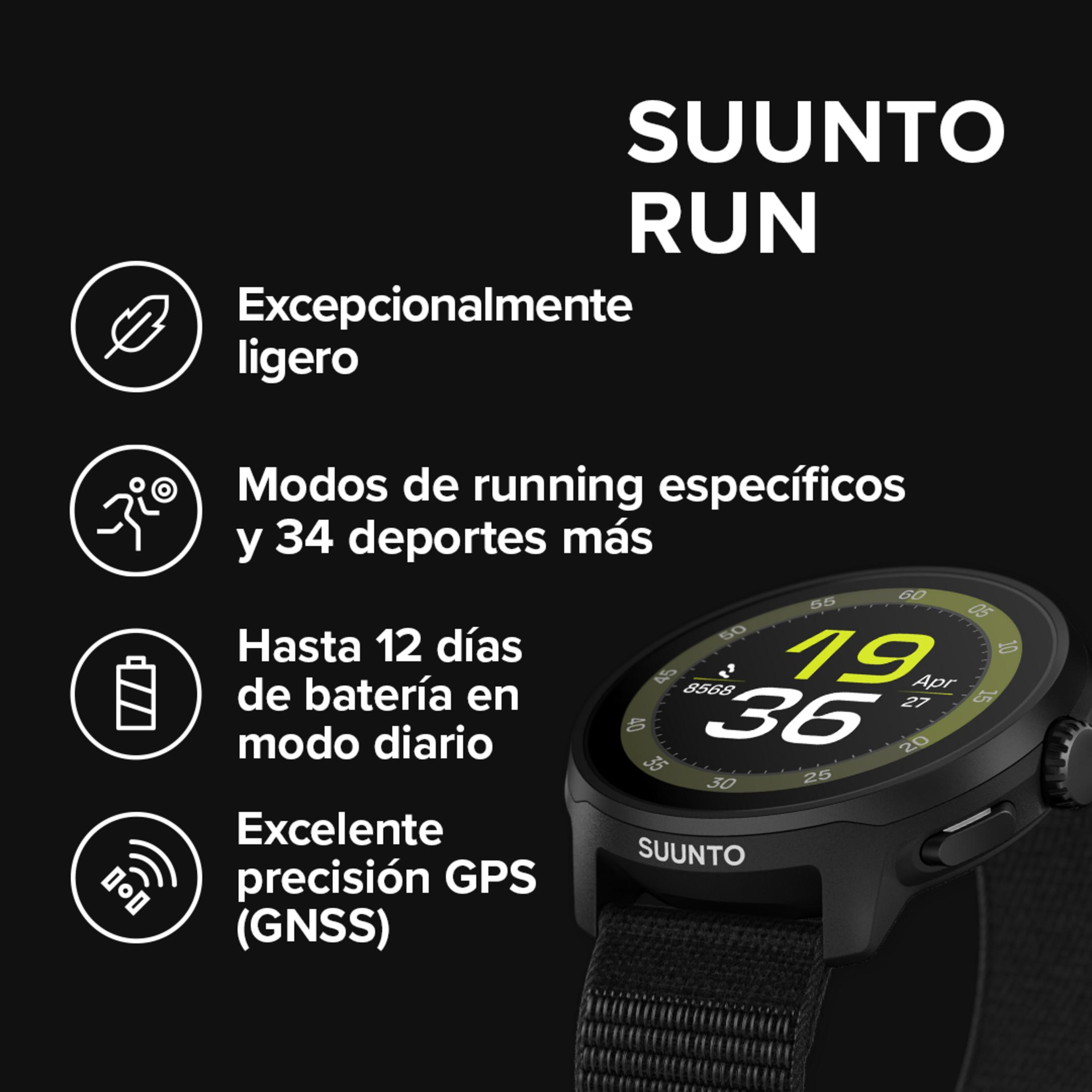 Zegarek Suunto Run z ikonami pióra, biegacza, baterii i GPS.