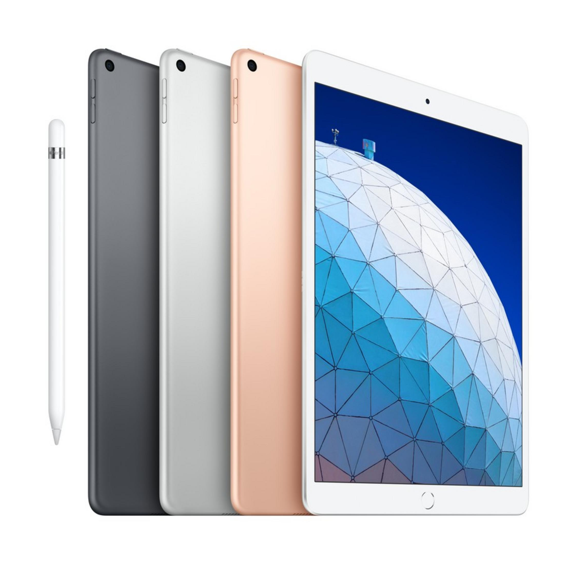 An iPad Air in three colors next to a white Apple Pencil.