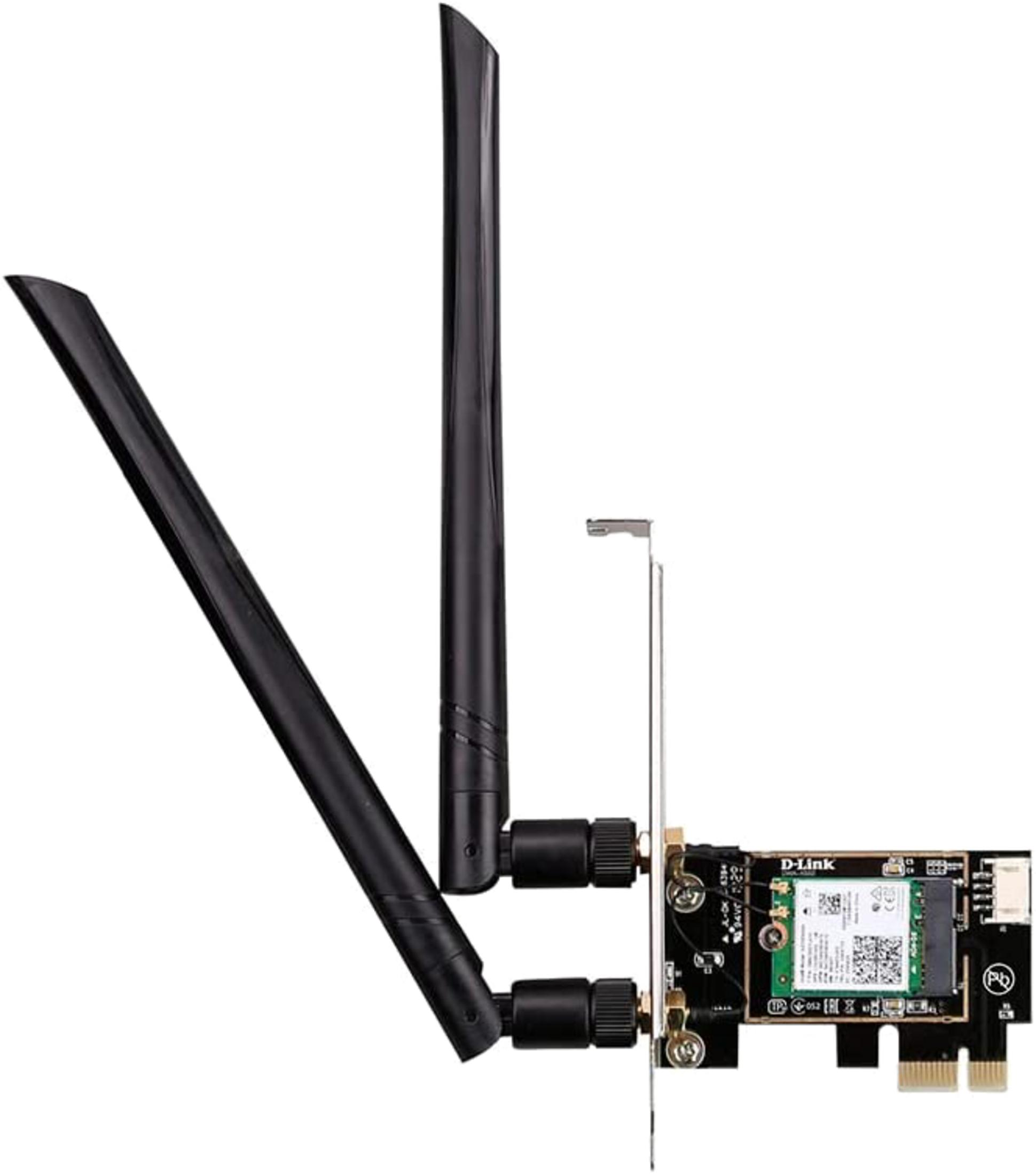 Scheda Wi-Fi D-Link con due antenne nere collegate a un circuito stampato.