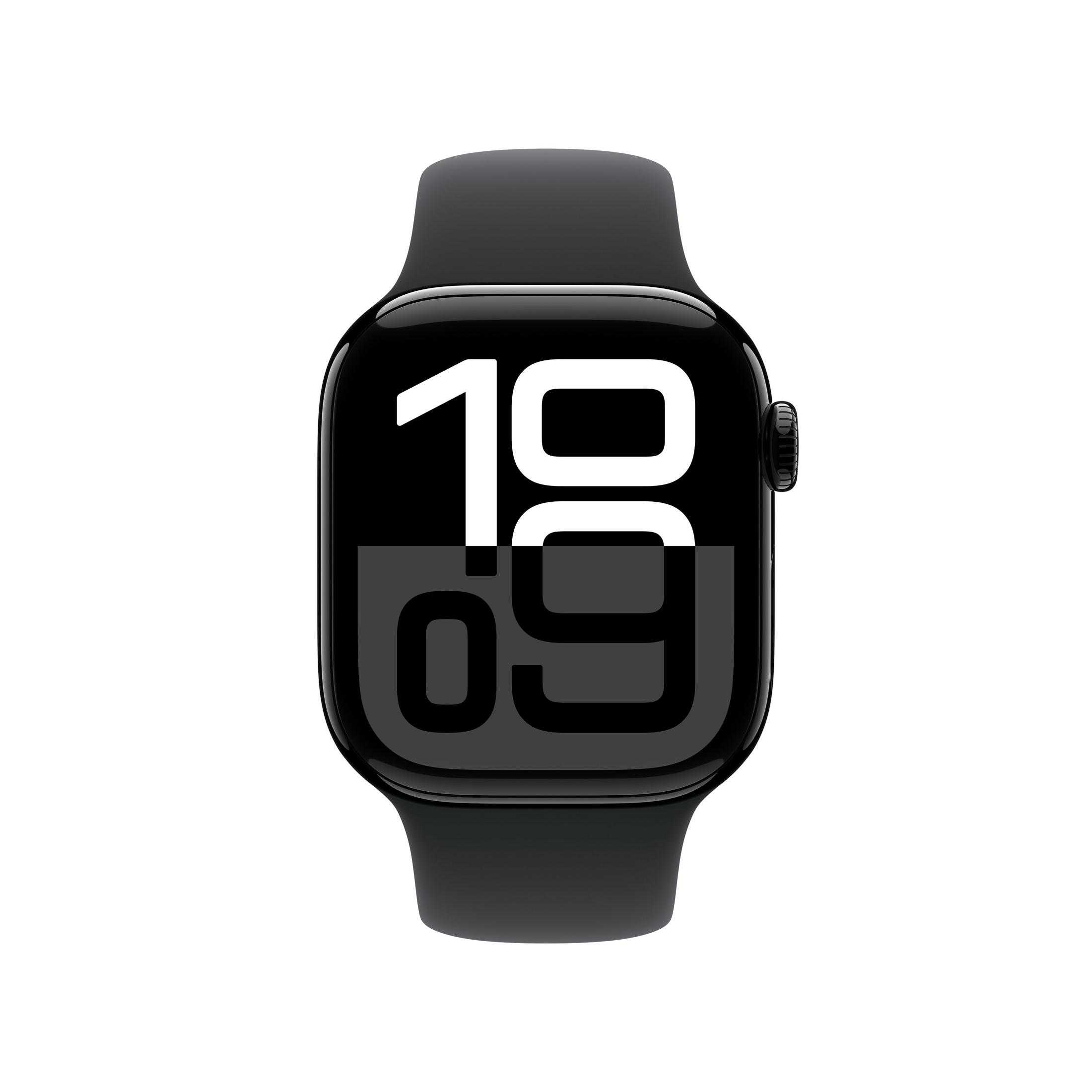 Uno smartwatch nero che mostra le 10:09 sul suo schermo digitale.