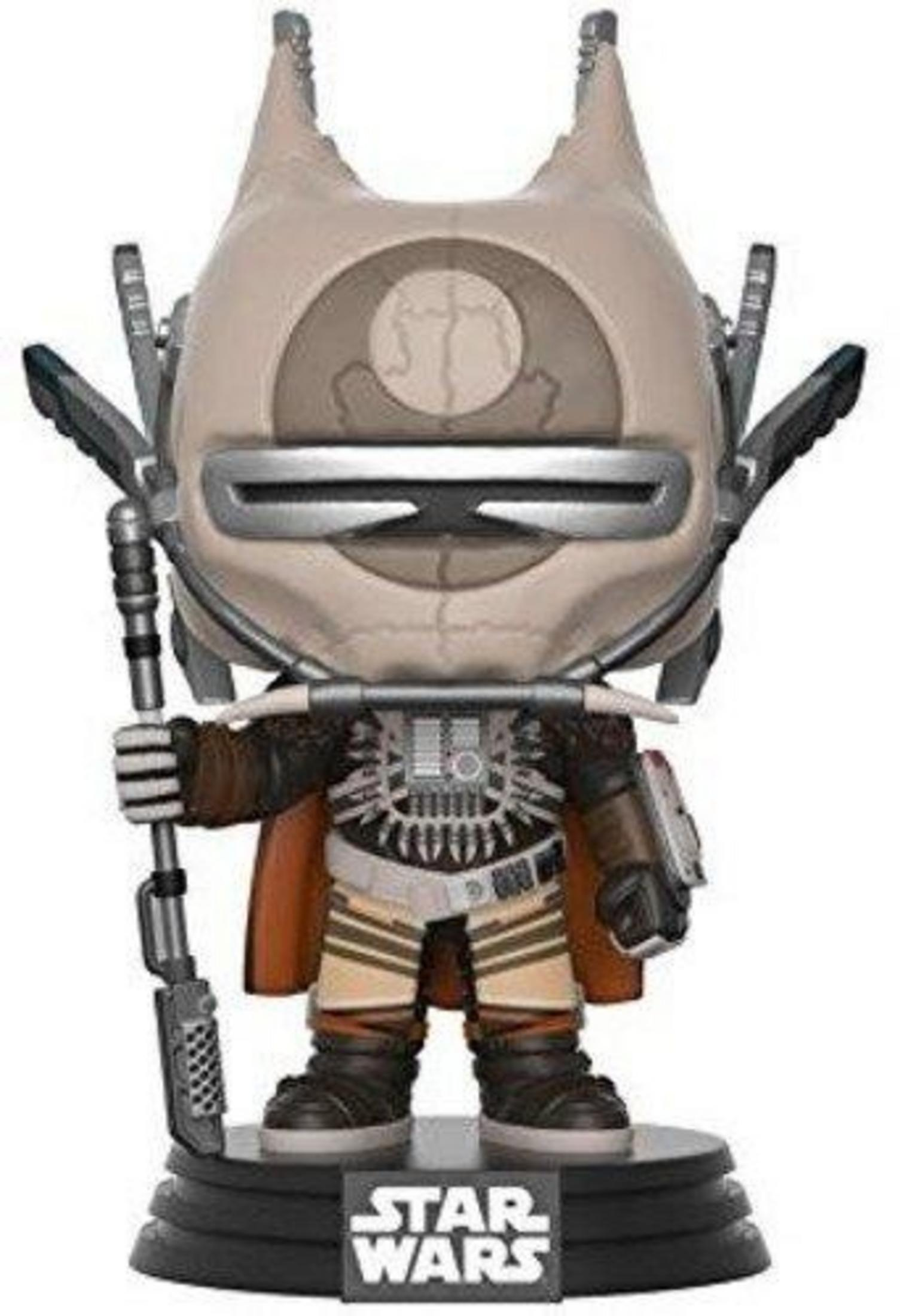 Eine Star Wars Figur mit braunem Helm, Waffen und orangefarbenem Umhang.