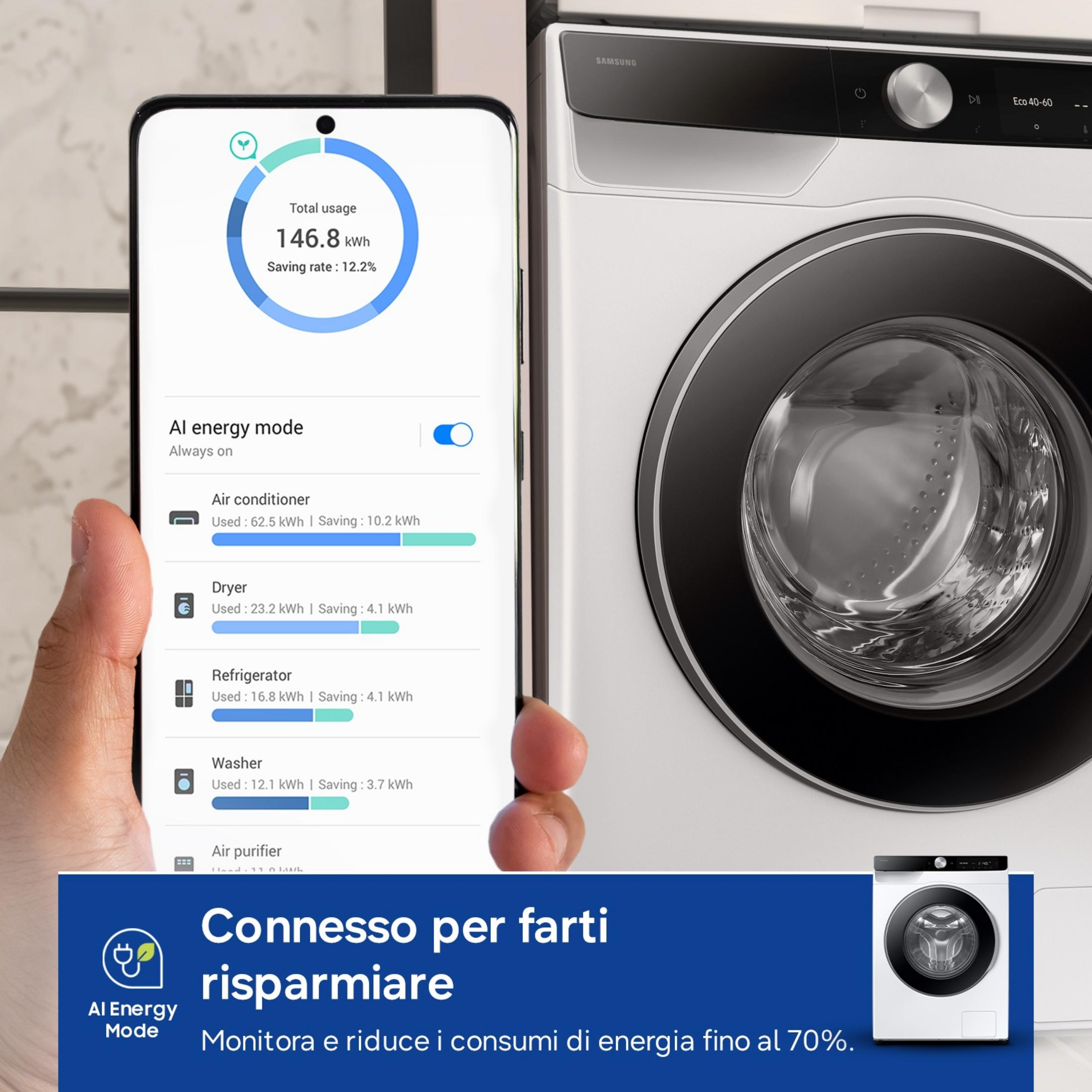 Smartfon wyświetla dane o zużyciu energii obok białej pralki.