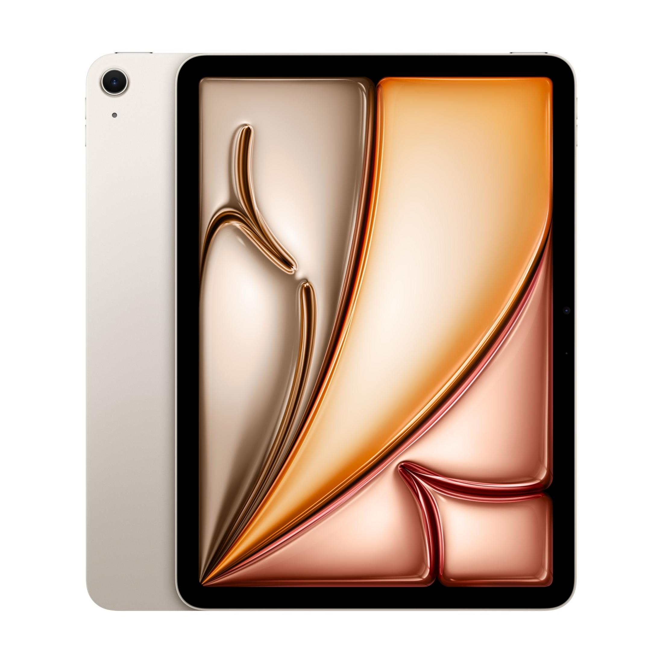 Ein silbernes Tablet mit einem abstrakt gefärbten Bildschirm in Orange- und Goldtönen.