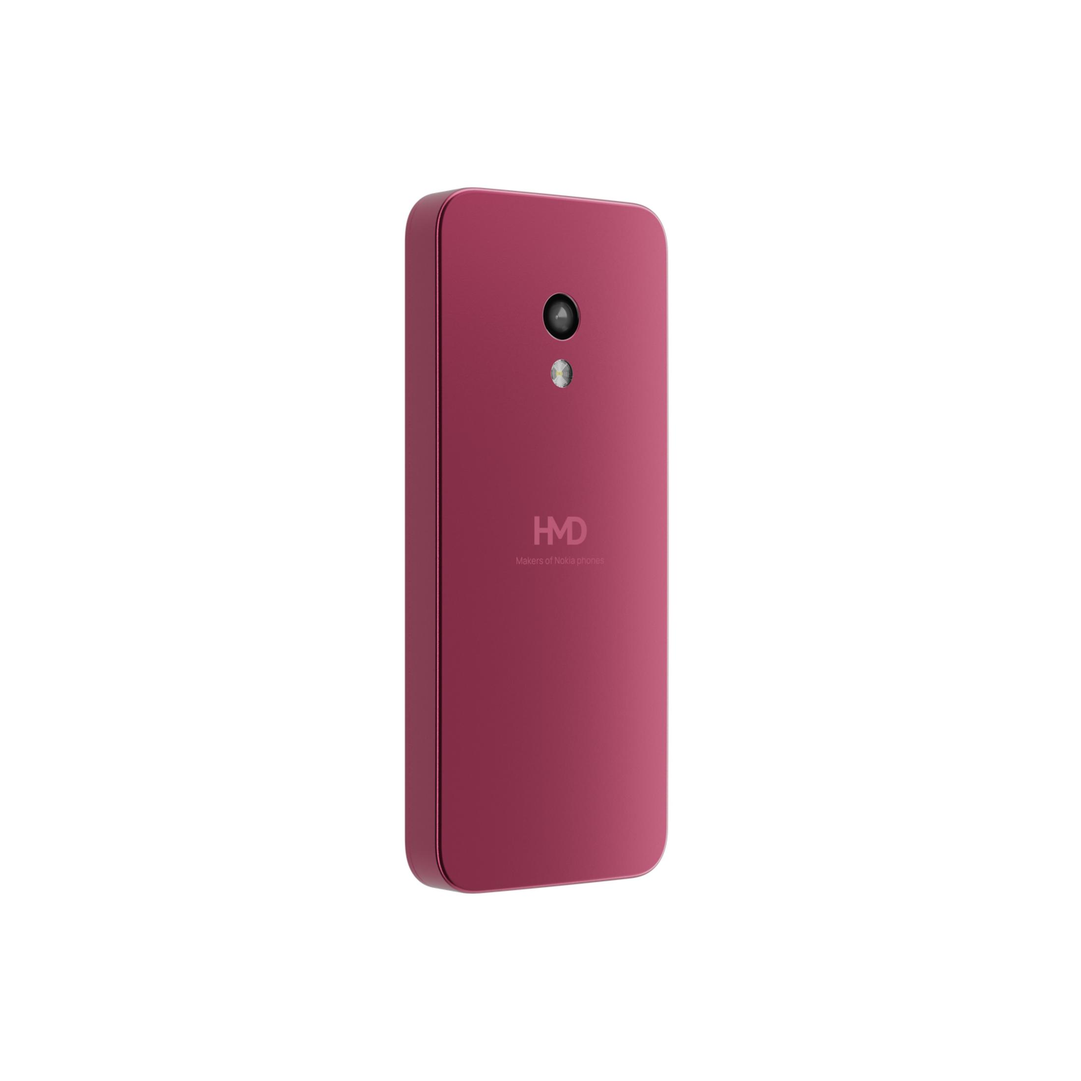 Smartphone rosso con logo HMD e fotocamera sul retro.