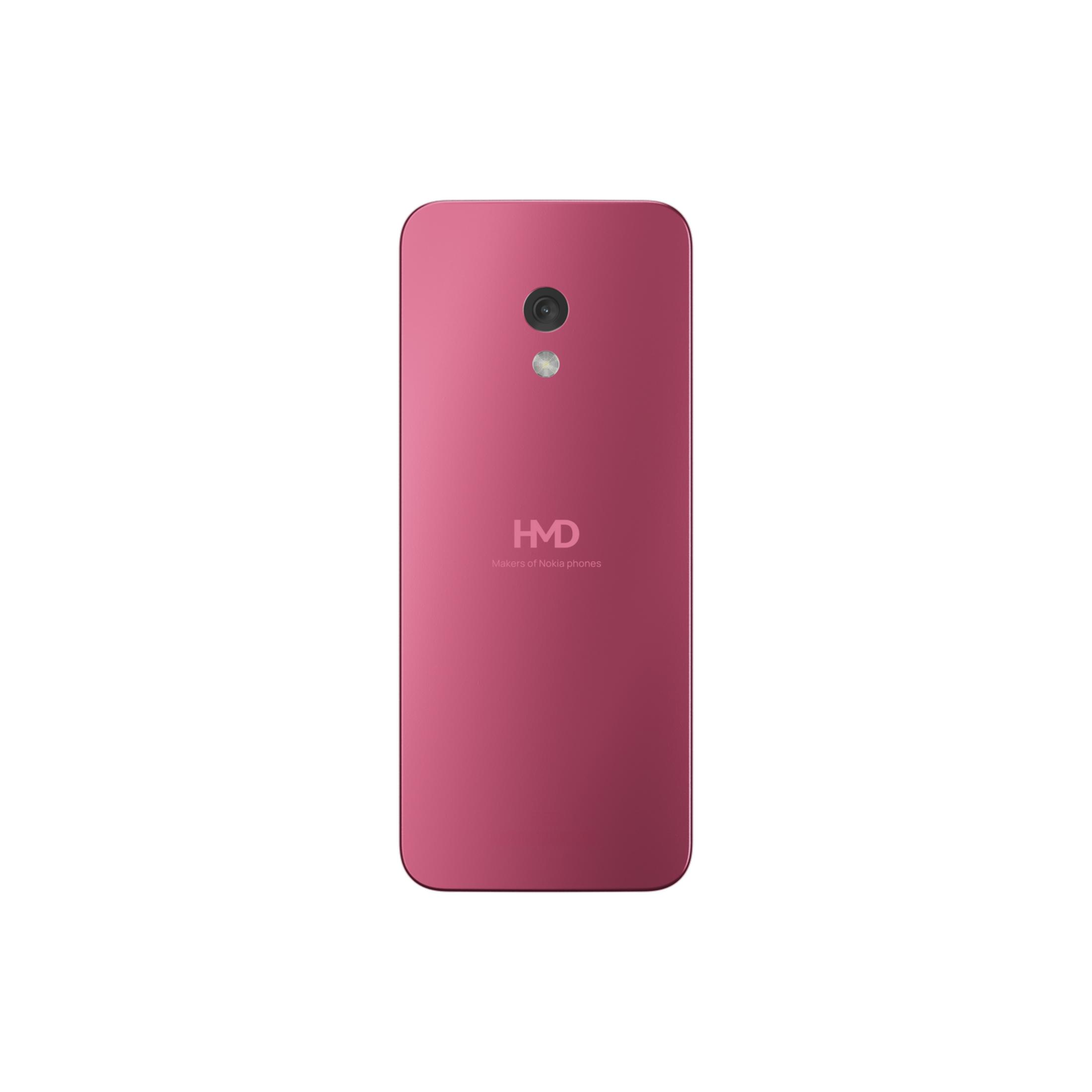 Retro di uno smartphone rosa con logo HMD e fotocamera.