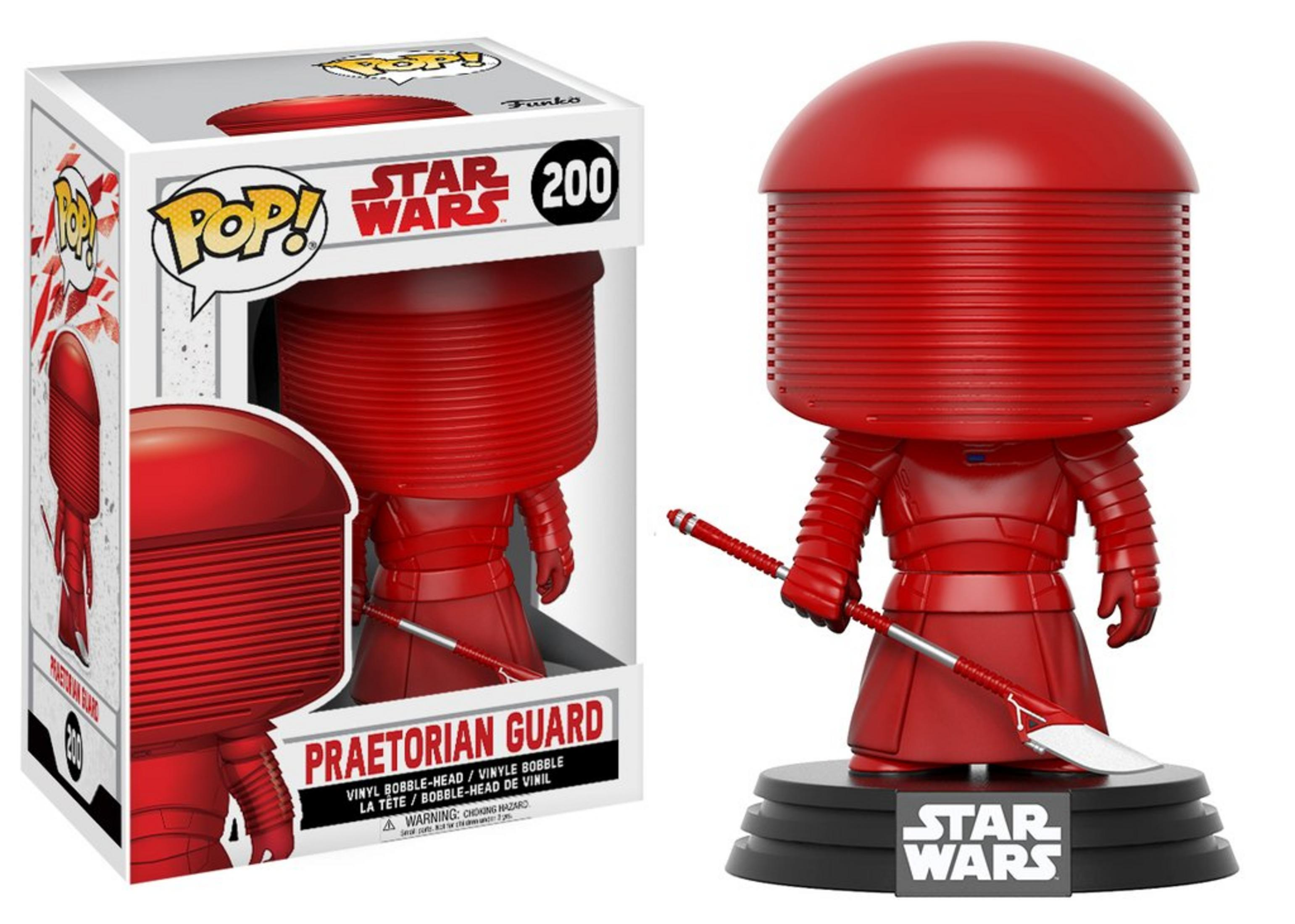 Un Funko Pop! Praetorian Guard rosso di Star Wars con lancia accanto alla scatola.