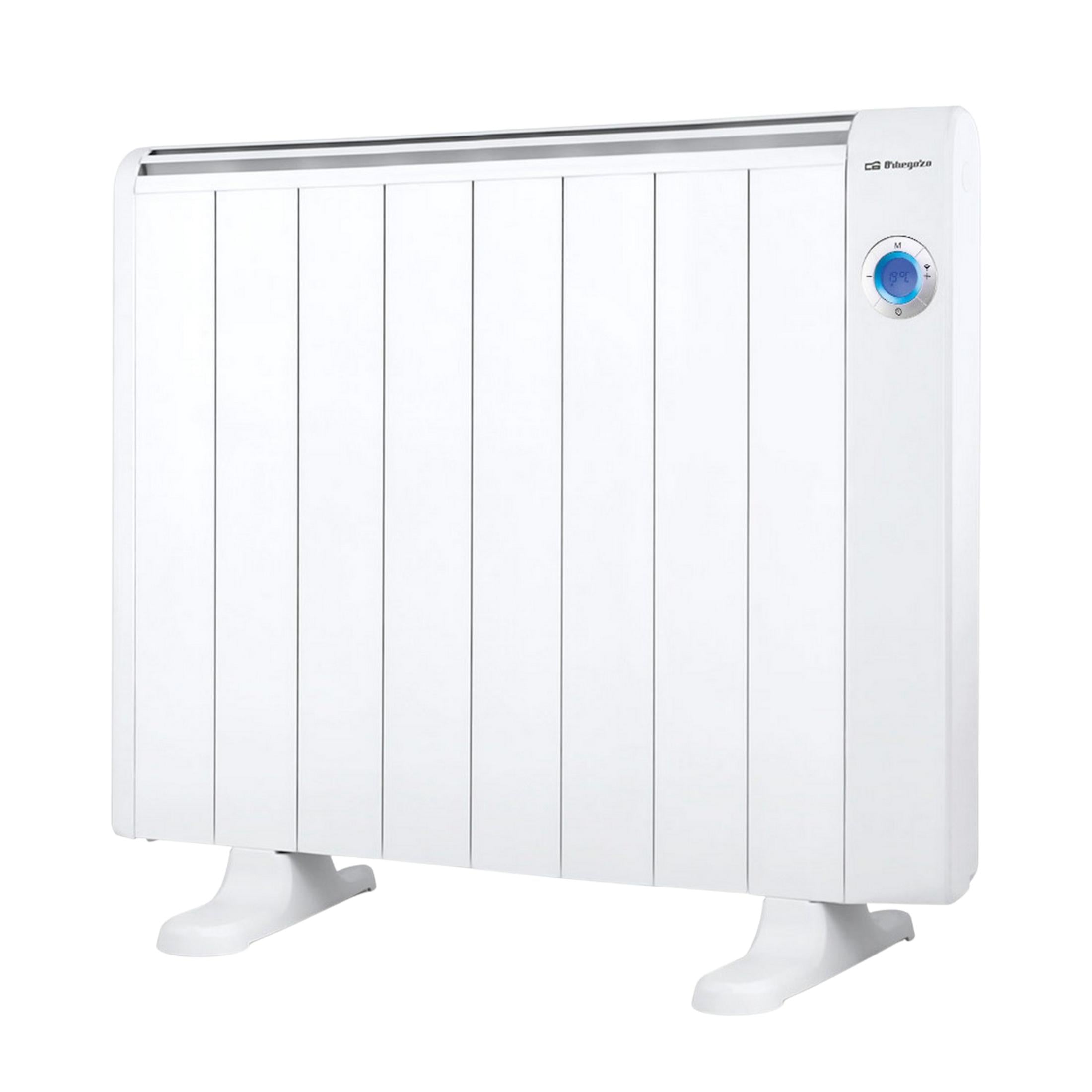 Un radiador eléctrico blanco con aletas verticales y pantalla digital.