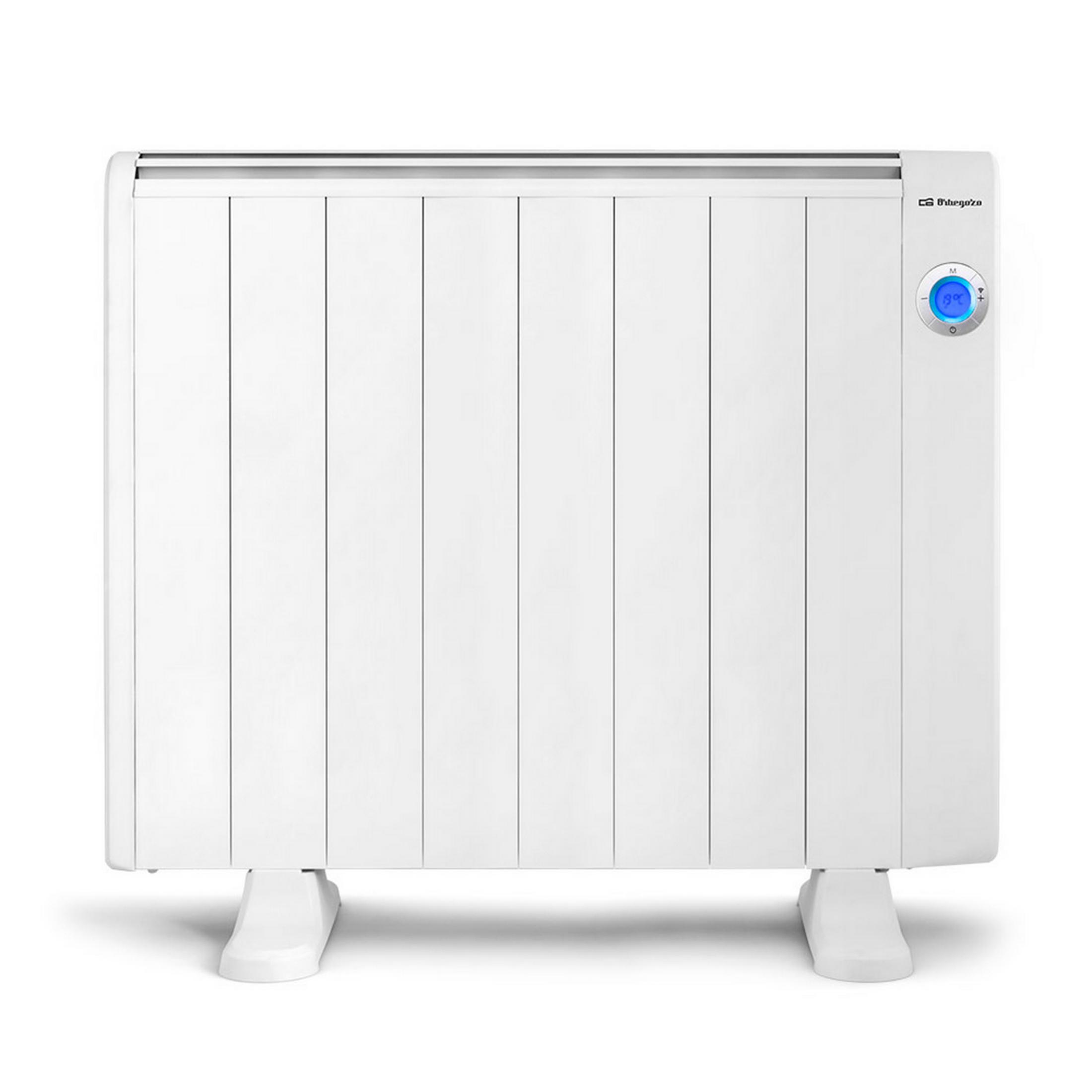 Un radiador eléctrico blanco con aletas y pantalla digital azul.