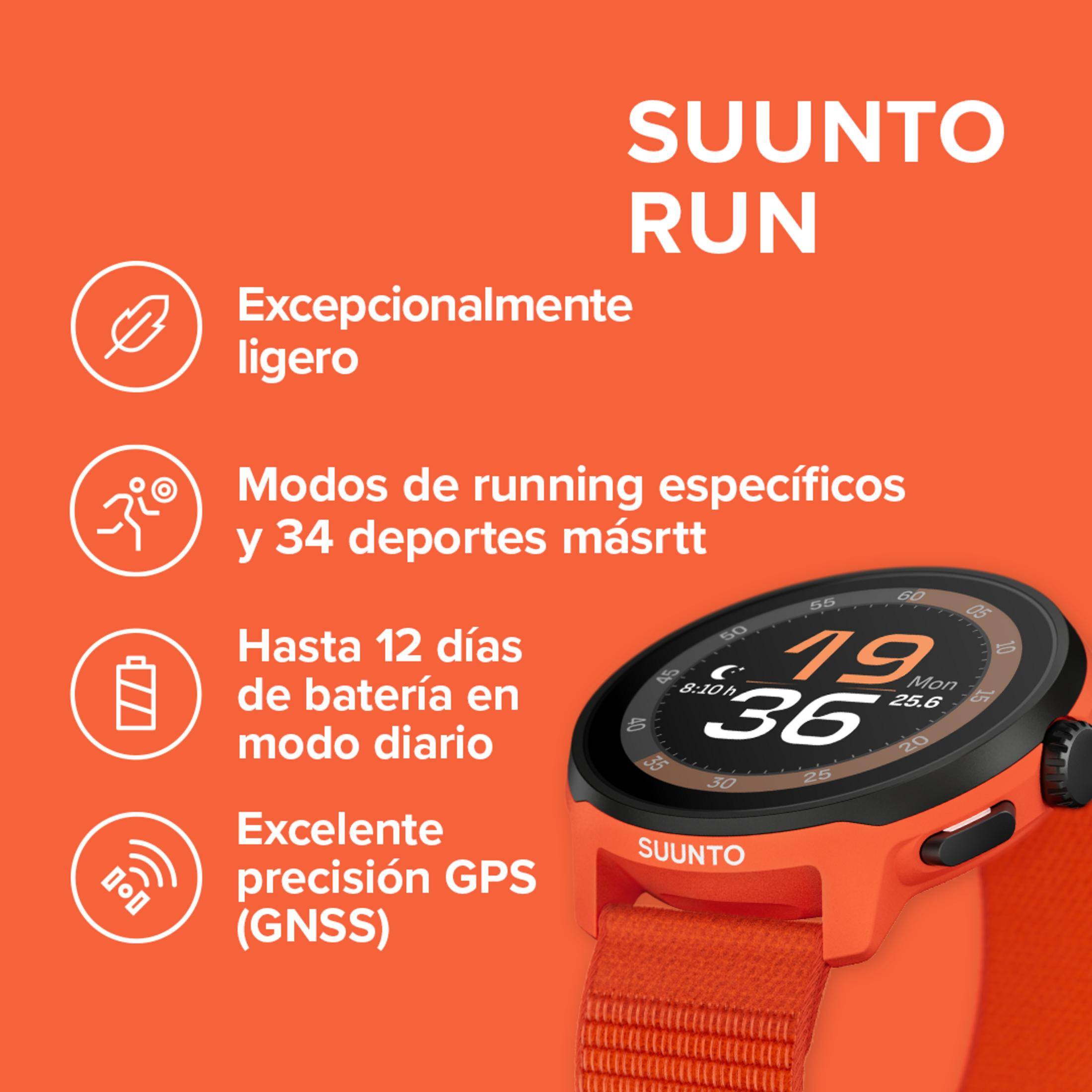 Reloj deportivo naranja Suunto con funciones: ligero, modos deportivos, batería, GPS.