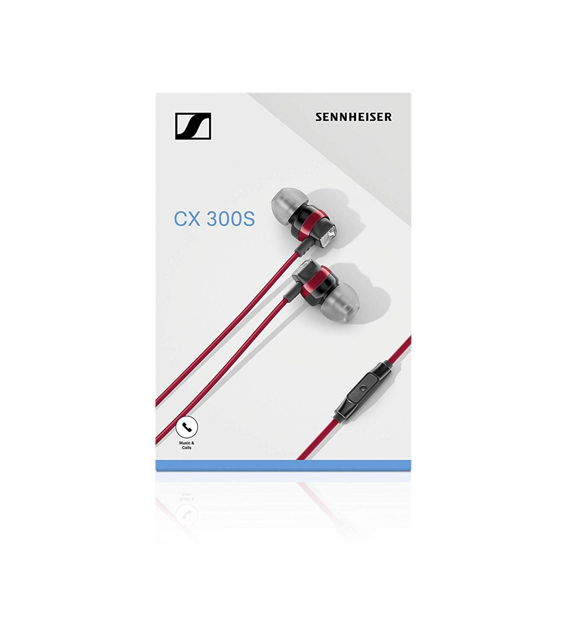 Auricolari Sennheiser CX 300S con cavo rosso e gommini auricolari.