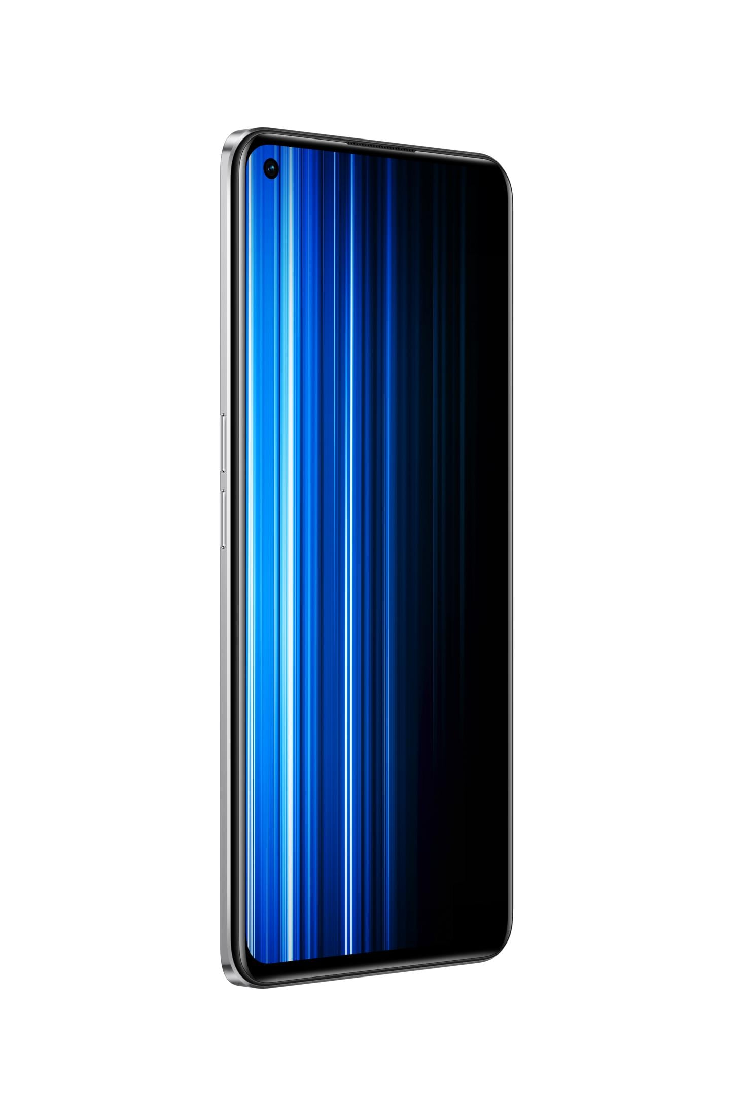 Ein silbernes Smartphone mit einem dunklen Bildschirm, auf dem blaue Lichtstreifen zu sehen sind.