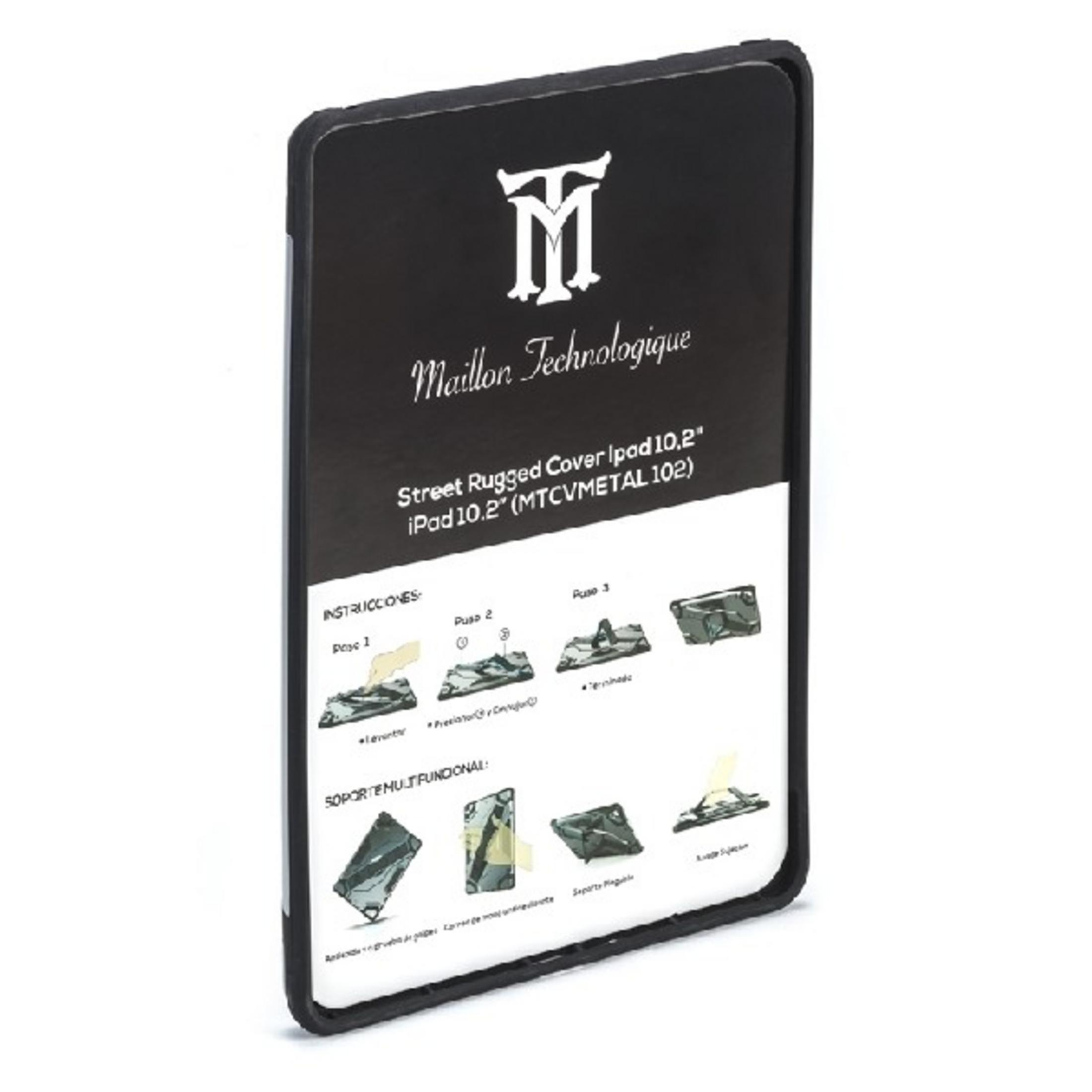 Funda negra para iPad con logo e instrucciones de uso.