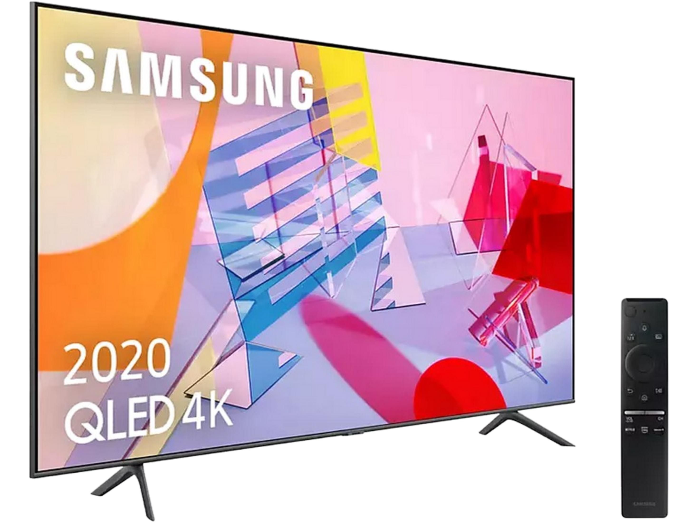 Samsung QLED 4K TV von 2020 mit Fernbedienung, abstrakte bunte Grafik.