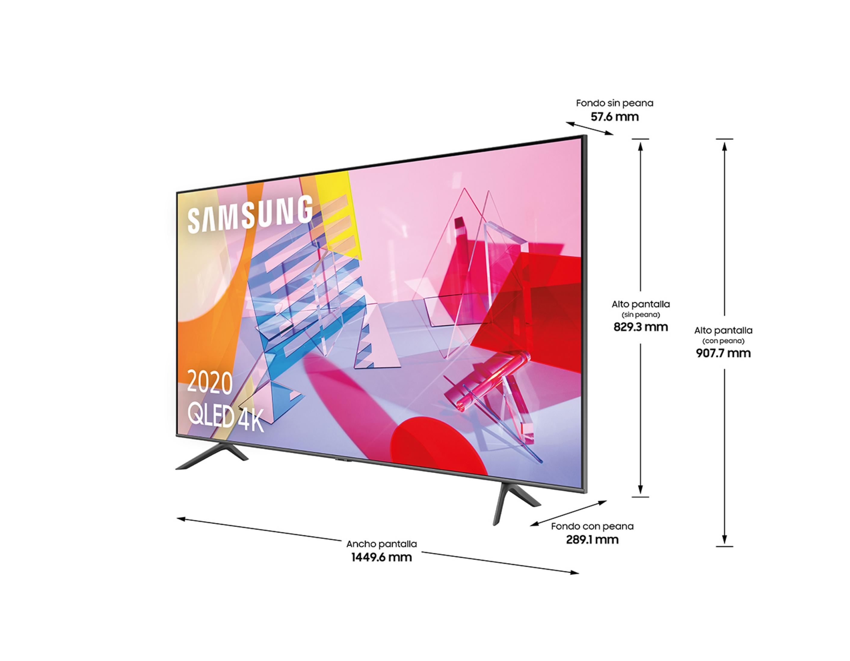 Ein Samsung QLED 4K TV mit Maßen. Links ist der Schriftzug SAMSUNG.