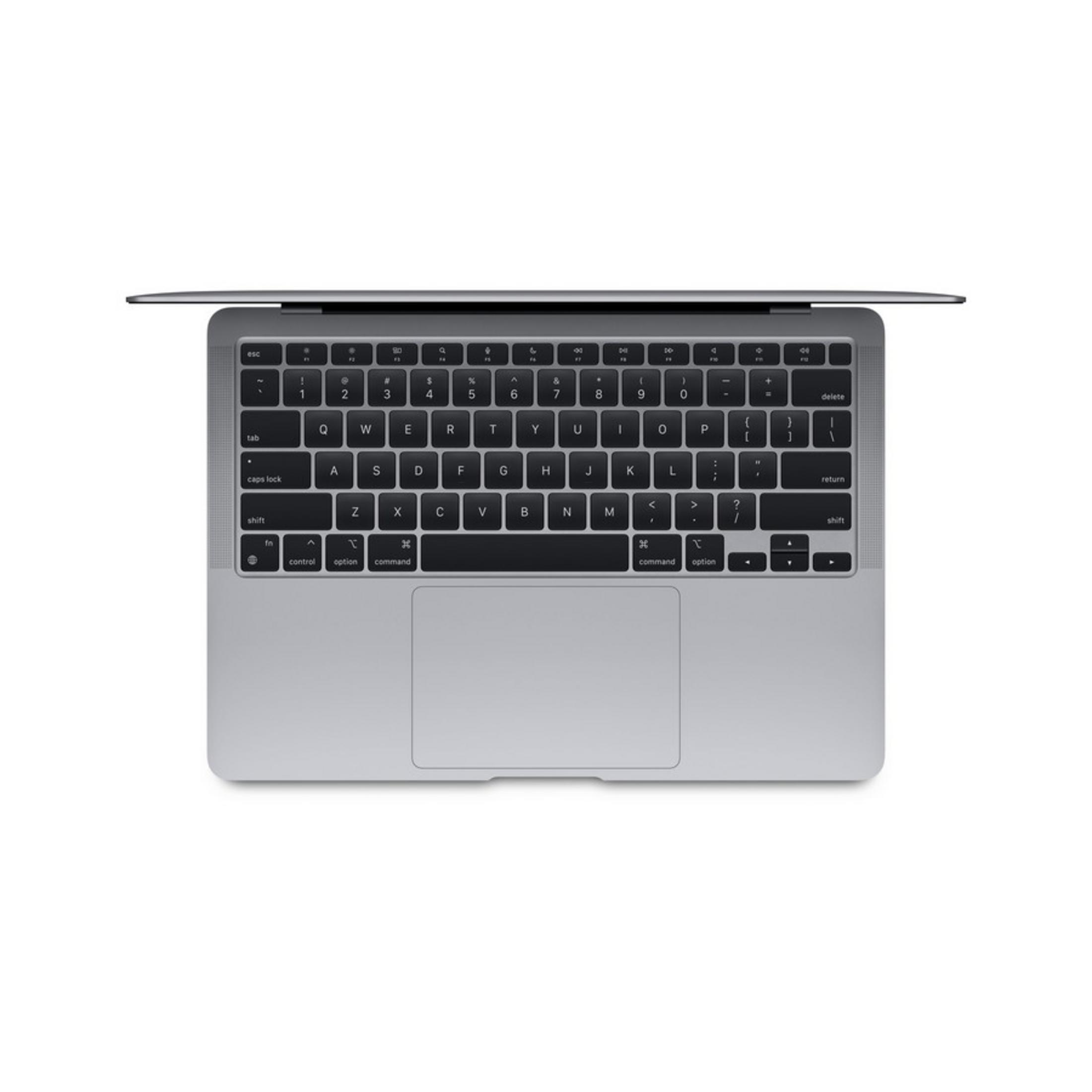 Un MacBook plateado abierto con teclado y trackpad negros.