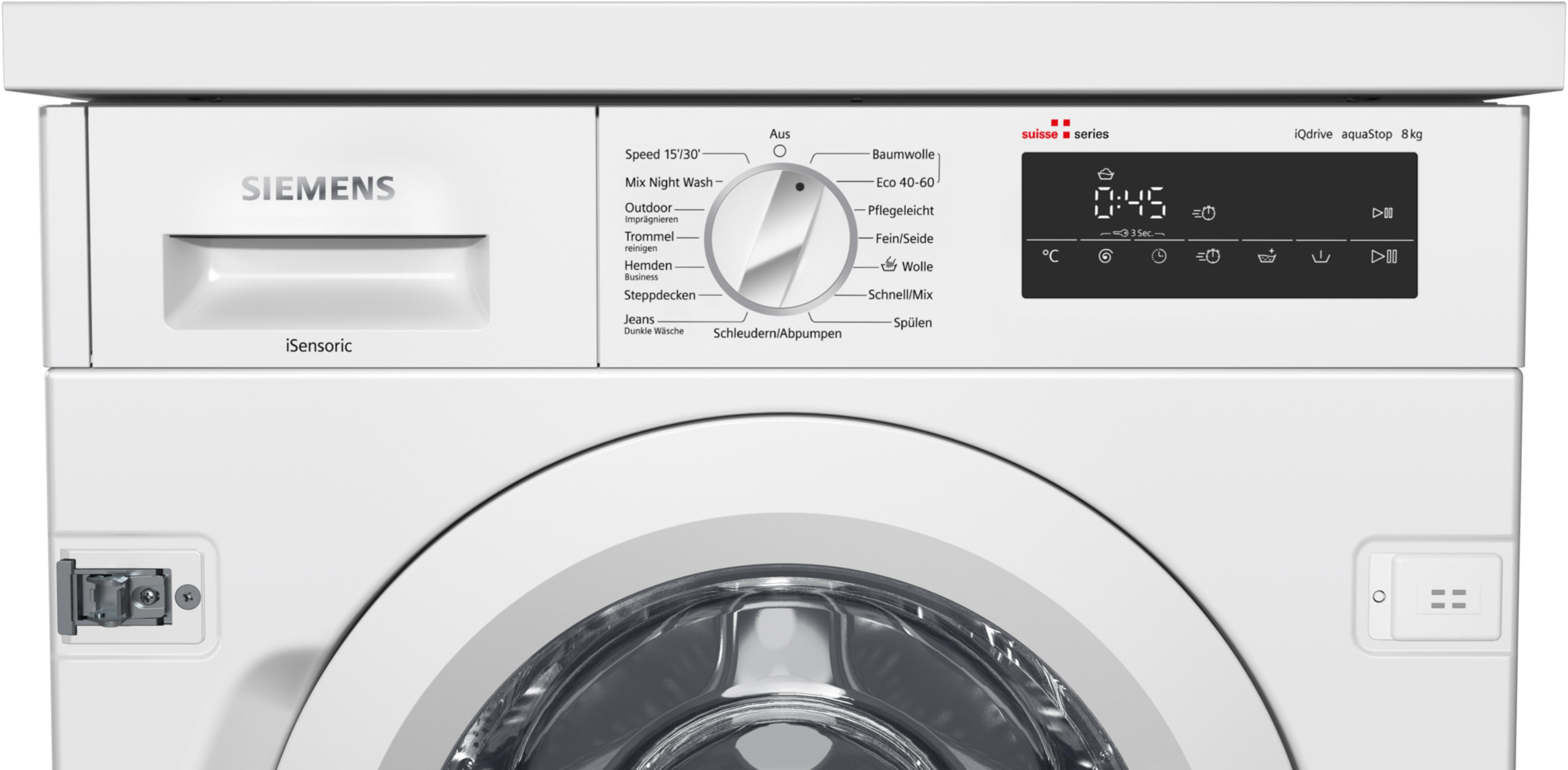 Eine weiße Siemens Waschmaschine mit digitaler Anzeige und Programmwahl.
