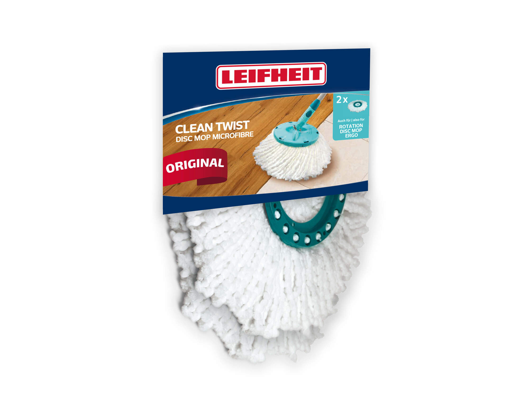 Verpackung für Leifheit Clean Twist Disc Mop Microfaser. Weißer Moppkopf.