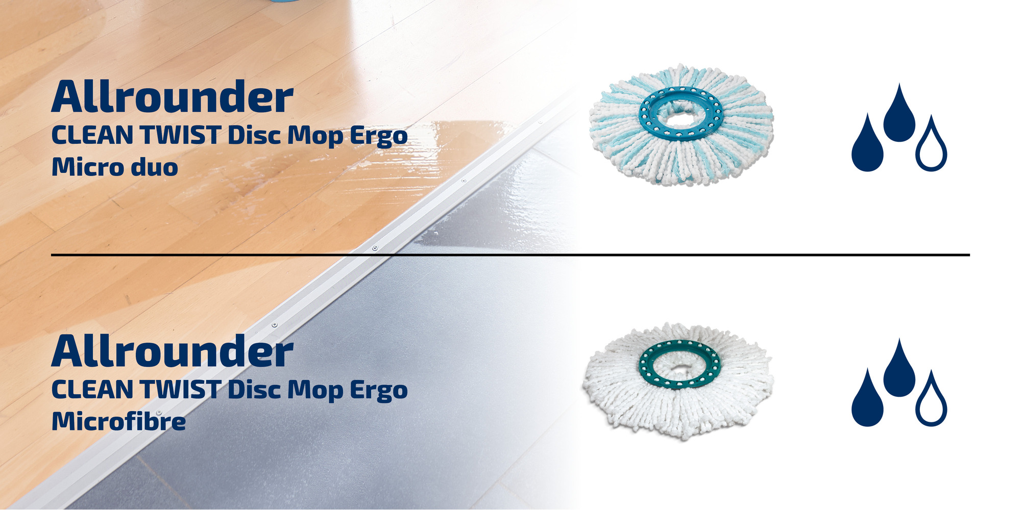 Zwei Moppköpfe: einer blau-weiß, einer weiß. Daneben Wassertropfen.