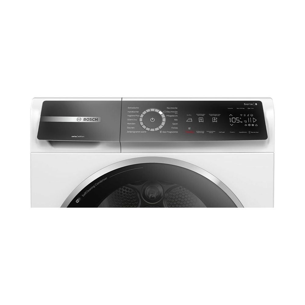 Sèche-linge Bosch avec panneau de commande et affichage numérique. "Serie 8" et "Swiss Edition" sont visibles.