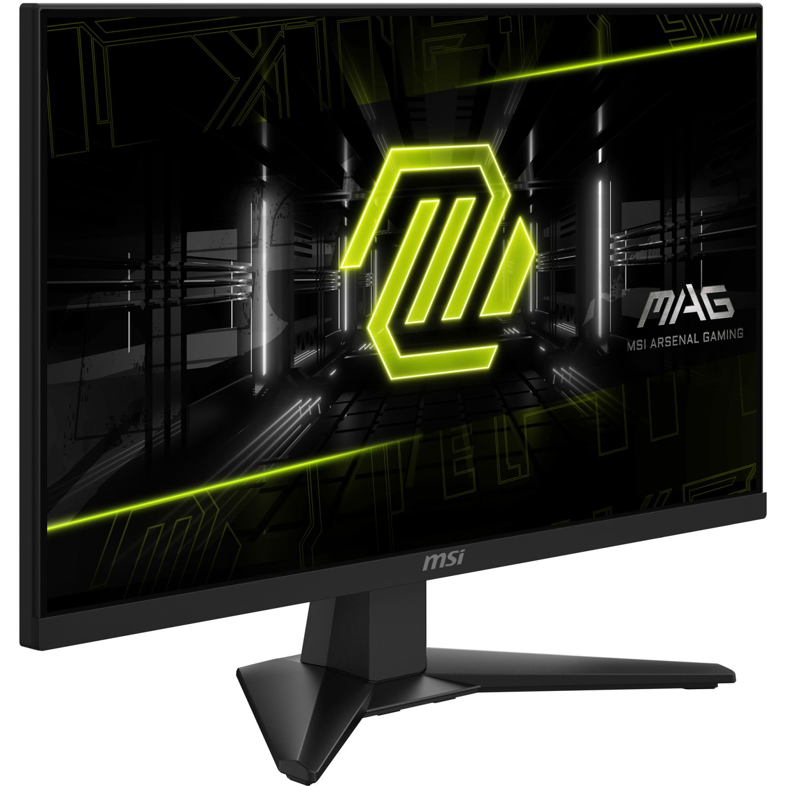 Un monitor da gaming con logo MSI giallo brillante su sfondo scuro e futuristico.
