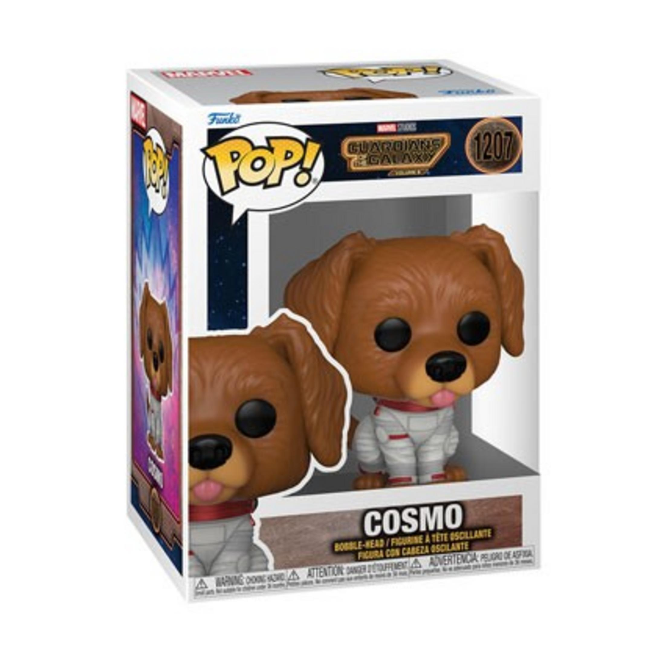 Ein brauner Hund in einem weißen Raumanzug, der Funko Pop! von Cosmo.