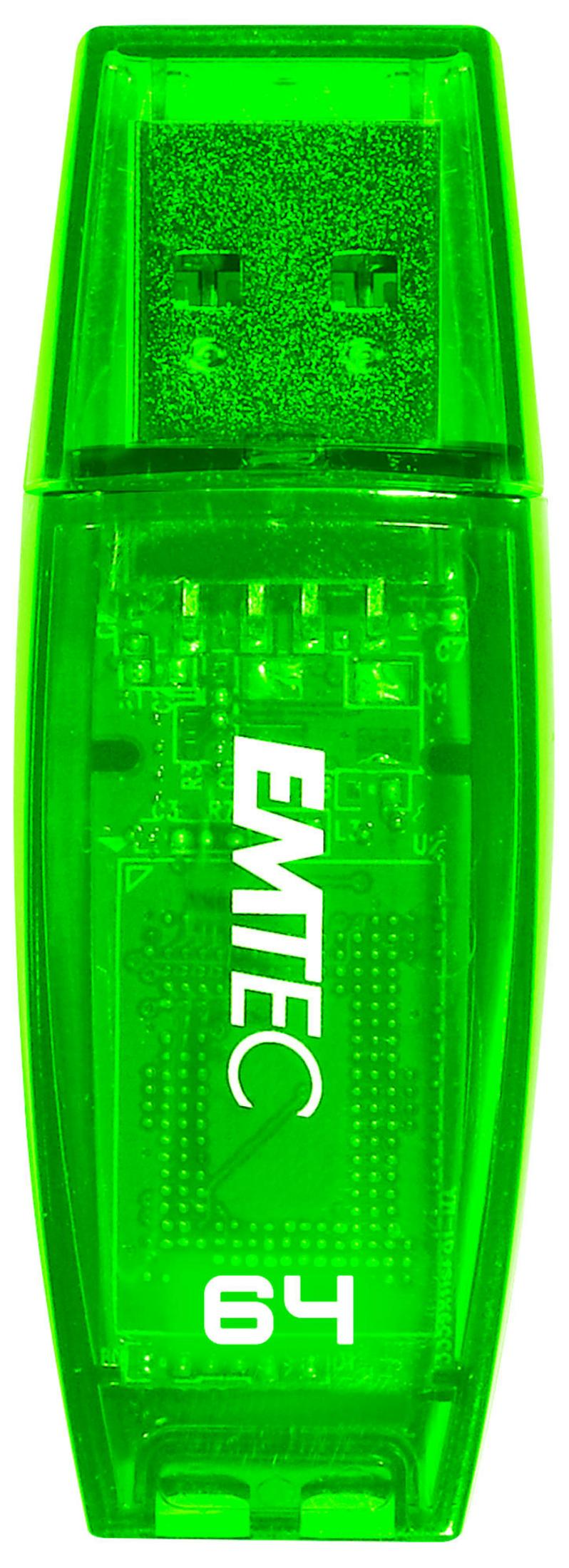 Una chiavetta USB verde trasparente con etichetta 'EMTEC 64'.