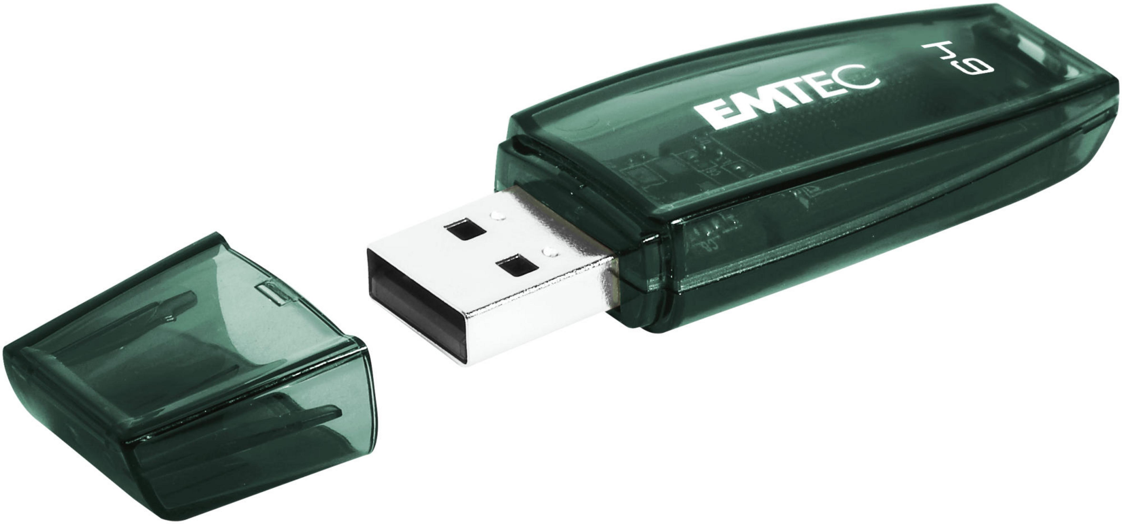 Un'unità USB verde scuro traslucida con connettore argentato e il suo cappuccio rimosso.