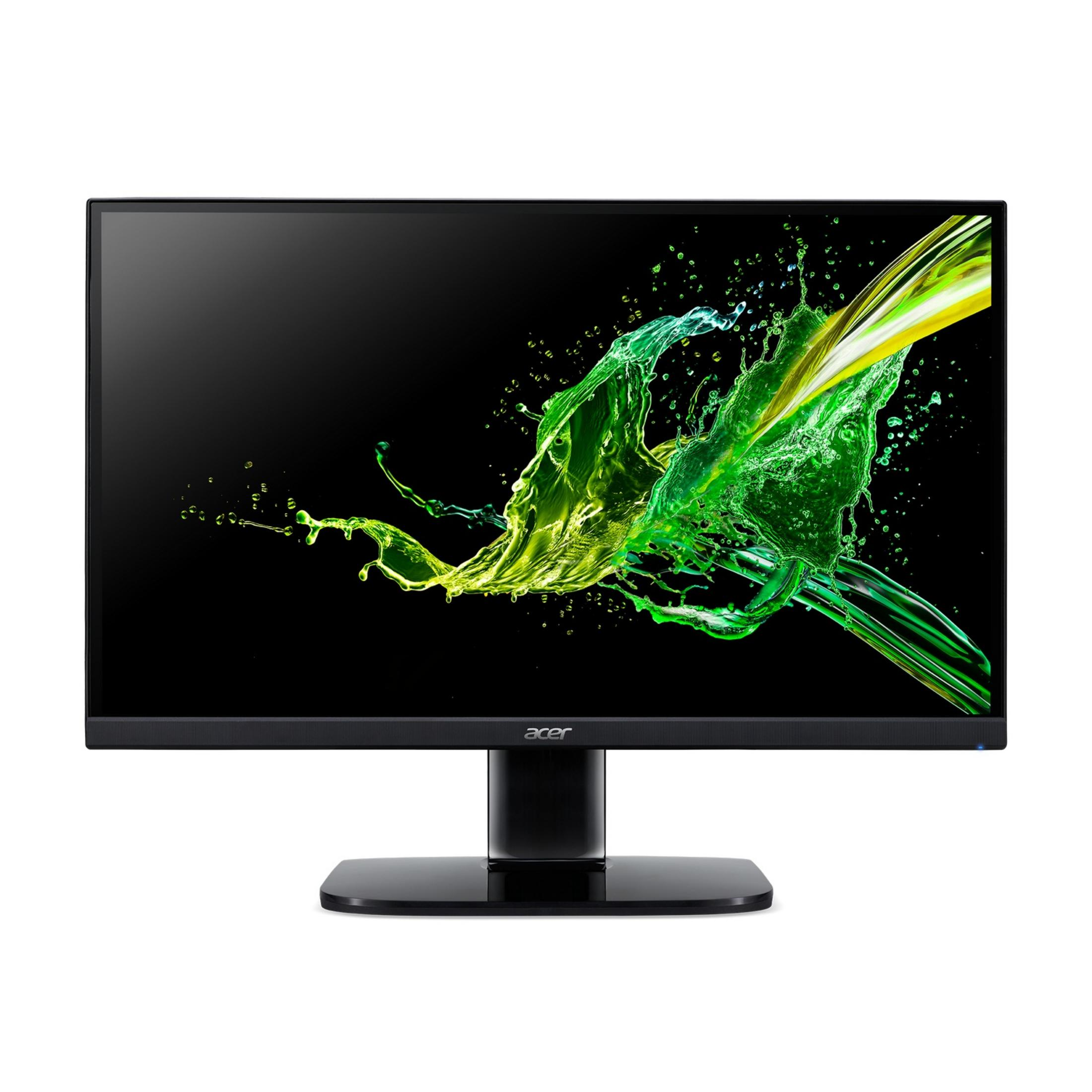 Canlı yeşil ve sarı boya sıçraması duvar kağıdı gösteren bir Acer monitör.