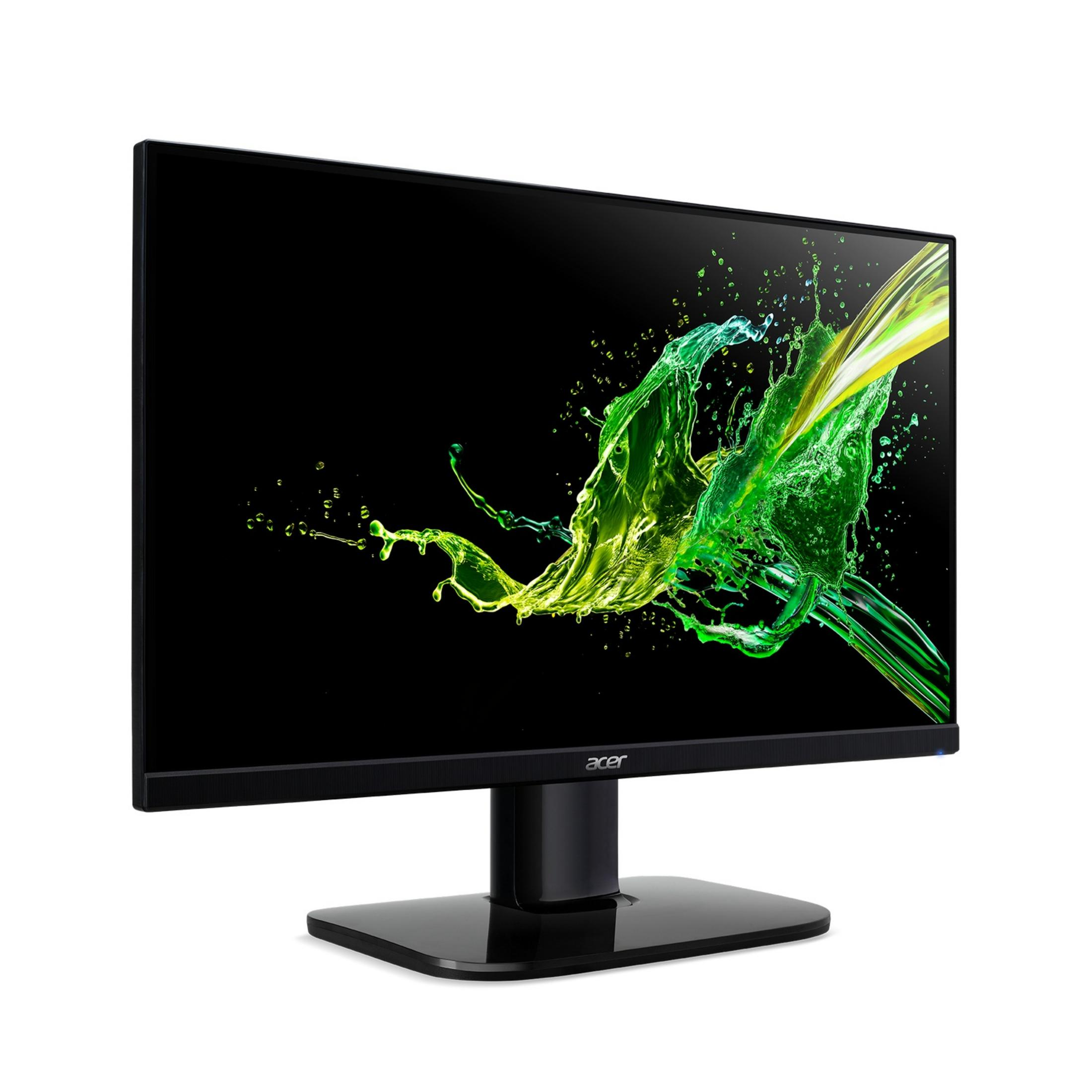 Ekranında yeşil sıvı sıçrama grafiği bulunan siyah bir Acer monitör.