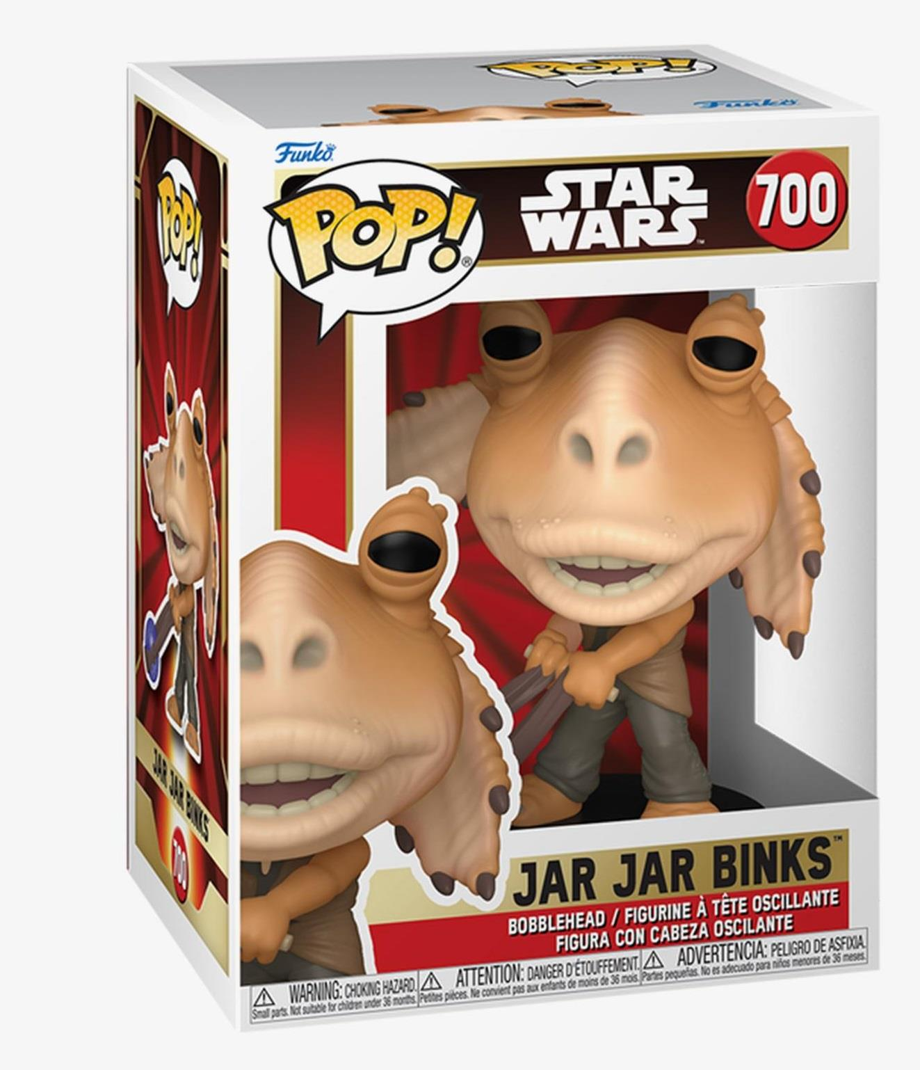 Figura Funko Pop Star Wars Jar Jar Binks in scatola, con etichette di avvertenza.