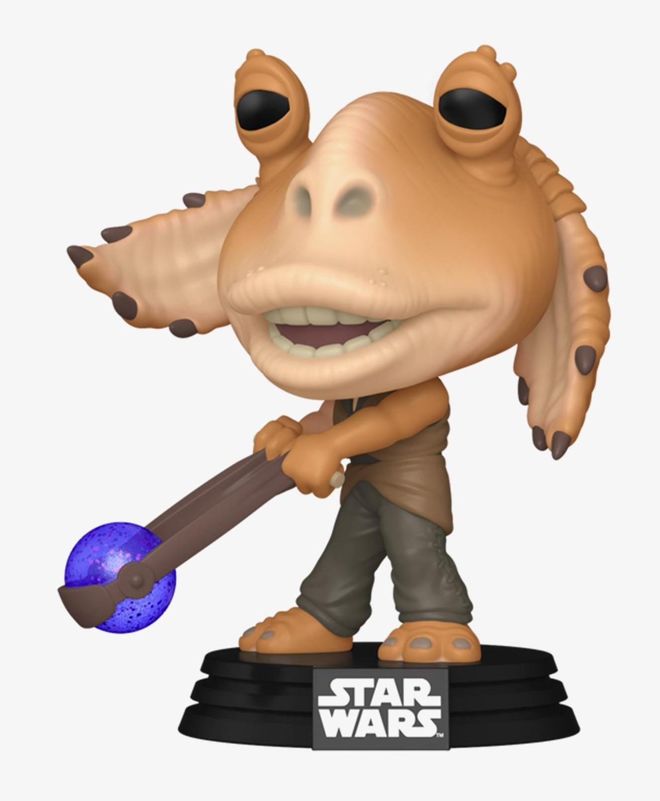 Una figura di Star Wars di Jar Jar Binks tiene un bastone con un globo blu.